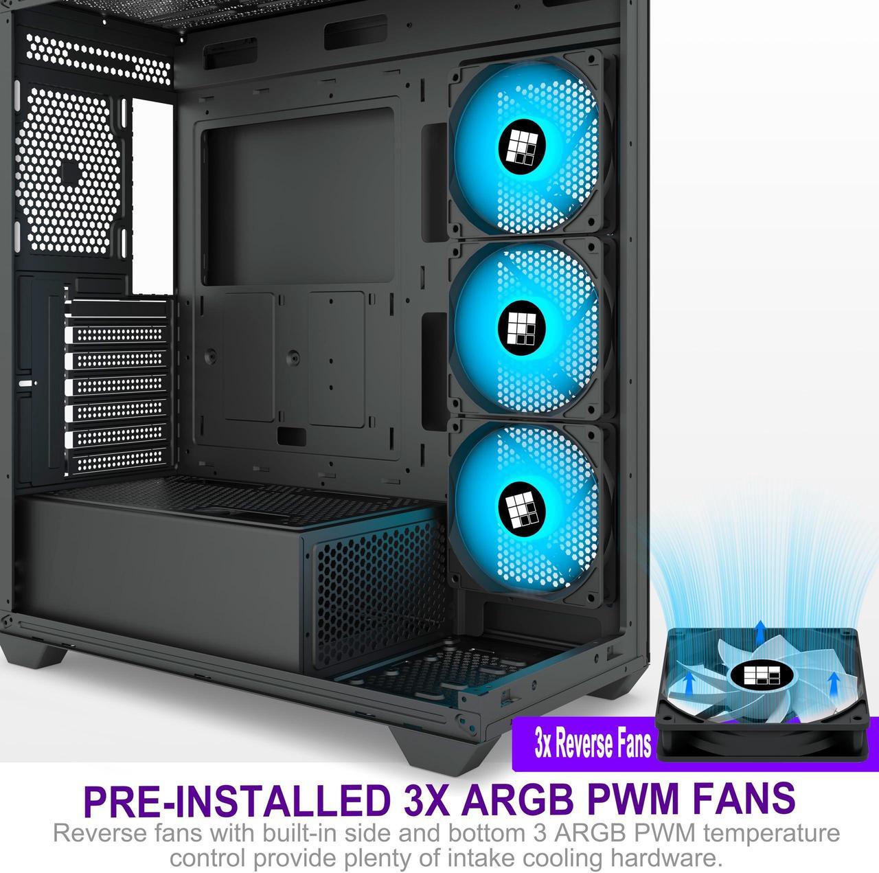 Alt view image 3 of 5 - FOIFKIN PC Case - Pre-Installed 3 PWM ARGB Fan, ATX Mid-Tower Gaming PC Case, with Type-C, F3 Black