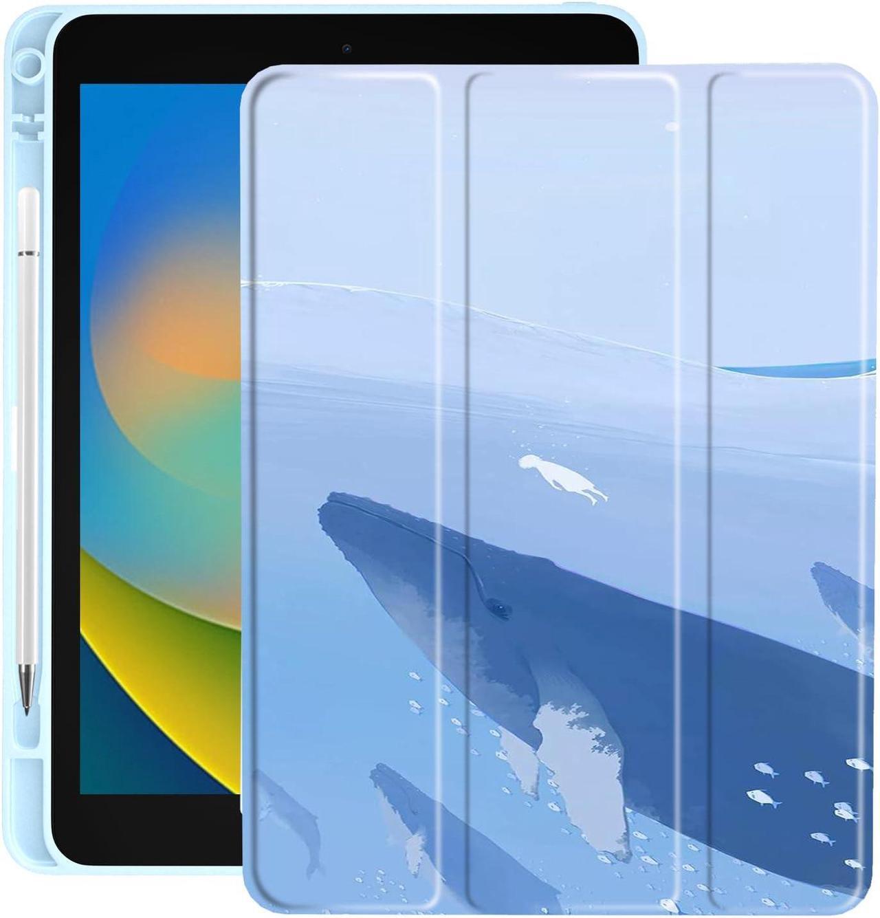 Main image of Cute Whale for iPad Pro 10.5 Inch 2017 Air 3 Case with Pencil Holder, Foldable Blue Leather Cover Case, Support Auto Sleep Wake