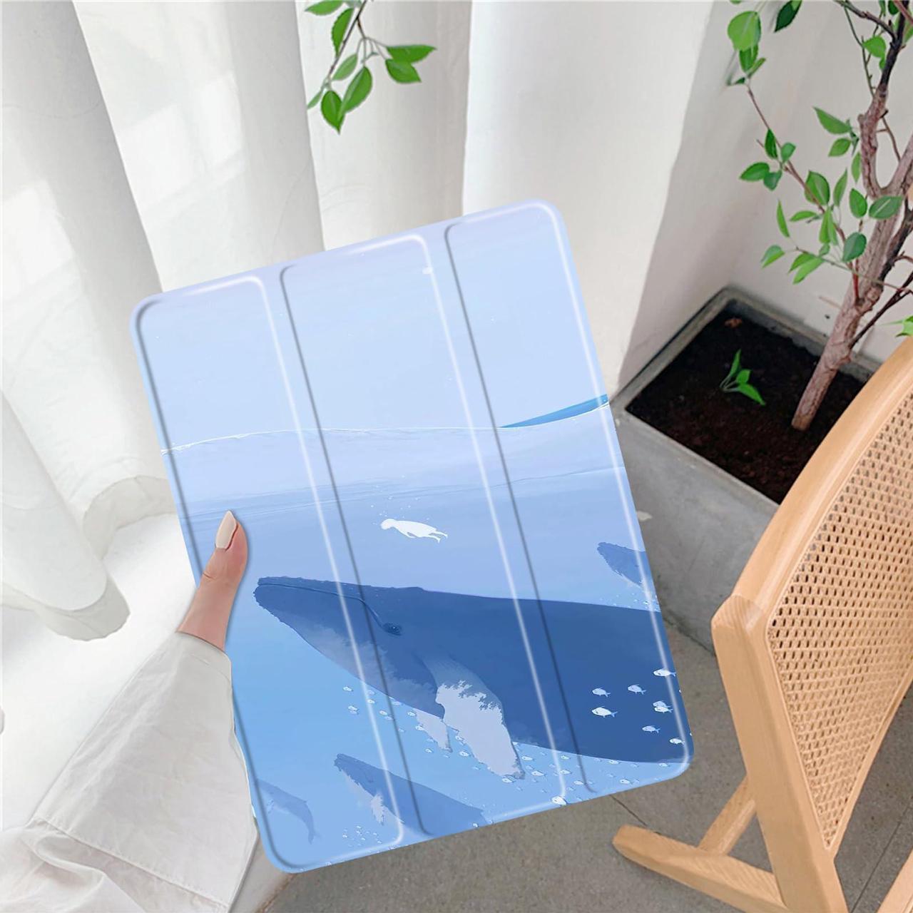 Alt view image 2 of 5 - Cute Whale for iPad Pro 10.5 Inch 2017 Air 3 Case with Pencil Holder, Foldable Blue Leather Cover Case, Support Auto Sleep Wake