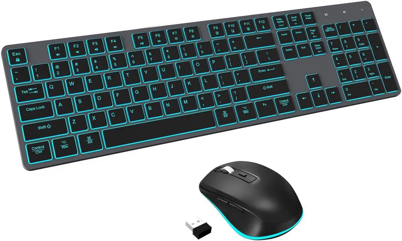 Main image of Wireless Keyboard and Mouse RGB Backlit Combo, Slim & Quiet, Rechargeable, Light Up, Jiggler, Tilt Angle, 2.4GHz Silent Keyboard Mouse for Mac Windows PC Computer, Laptop, Desktop (Space Gray)
