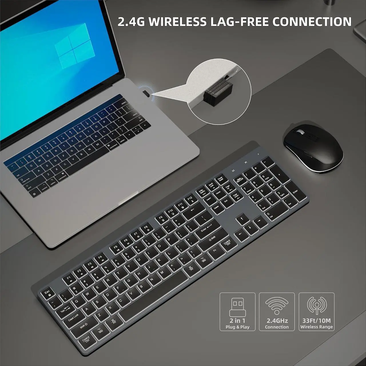 Alt view image 2 of 5 - Wireless Keyboard and Mouse RGB Backlit Combo, Slim & Quiet, Rechargeable, Light Up, Jiggler, Tilt Angle, 2.4GHz Silent Keyboard Mouse for Mac Windows PC Computer, Laptop, Desktop (Space Gray)