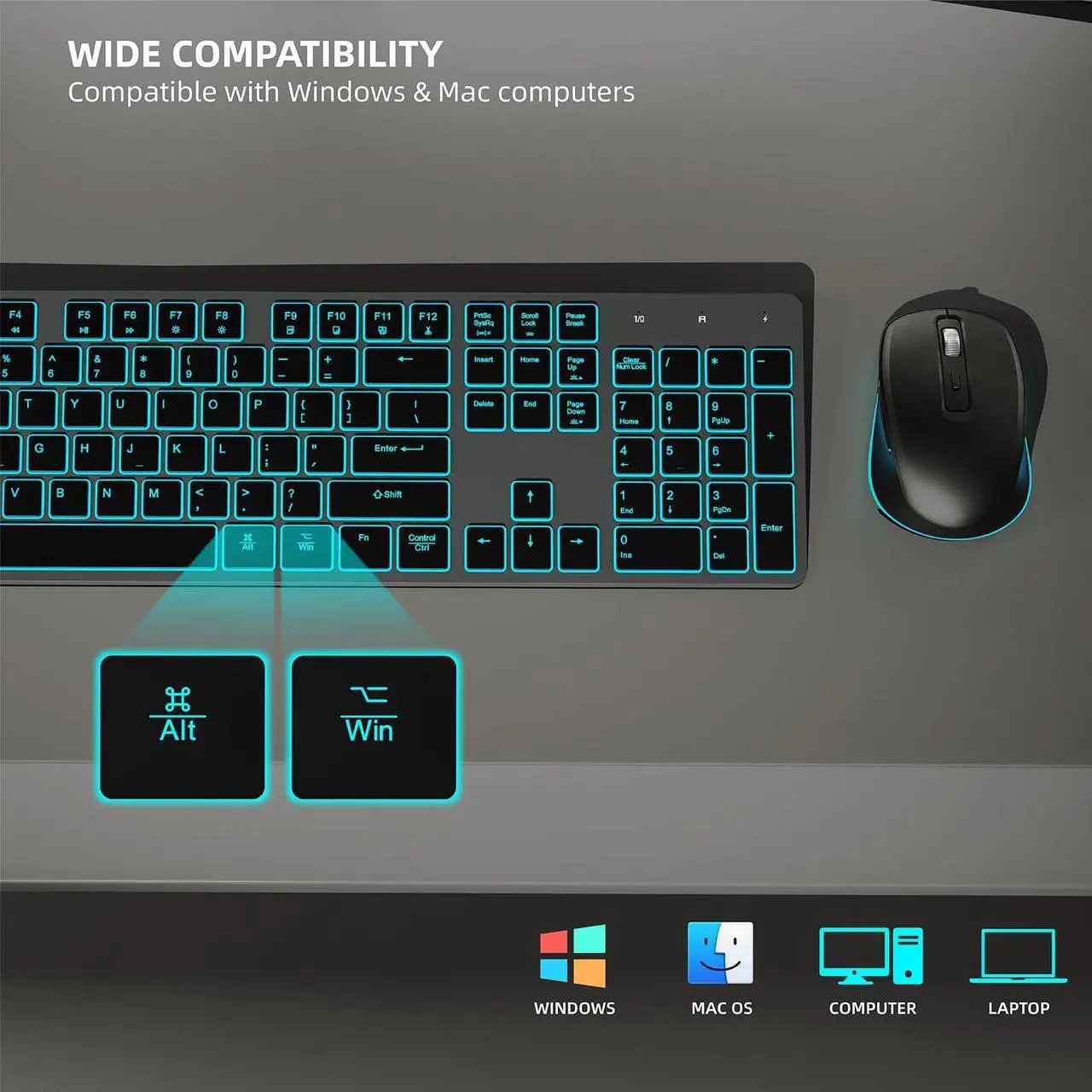 Alt view image 3 of 5 - Wireless Keyboard and Mouse RGB Backlit Combo, Slim & Quiet, Rechargeable, Light Up, Jiggler, Tilt Angle, 2.4GHz Silent Keyboard Mouse for Mac Windows PC Computer, Laptop, Desktop (Space Gray)