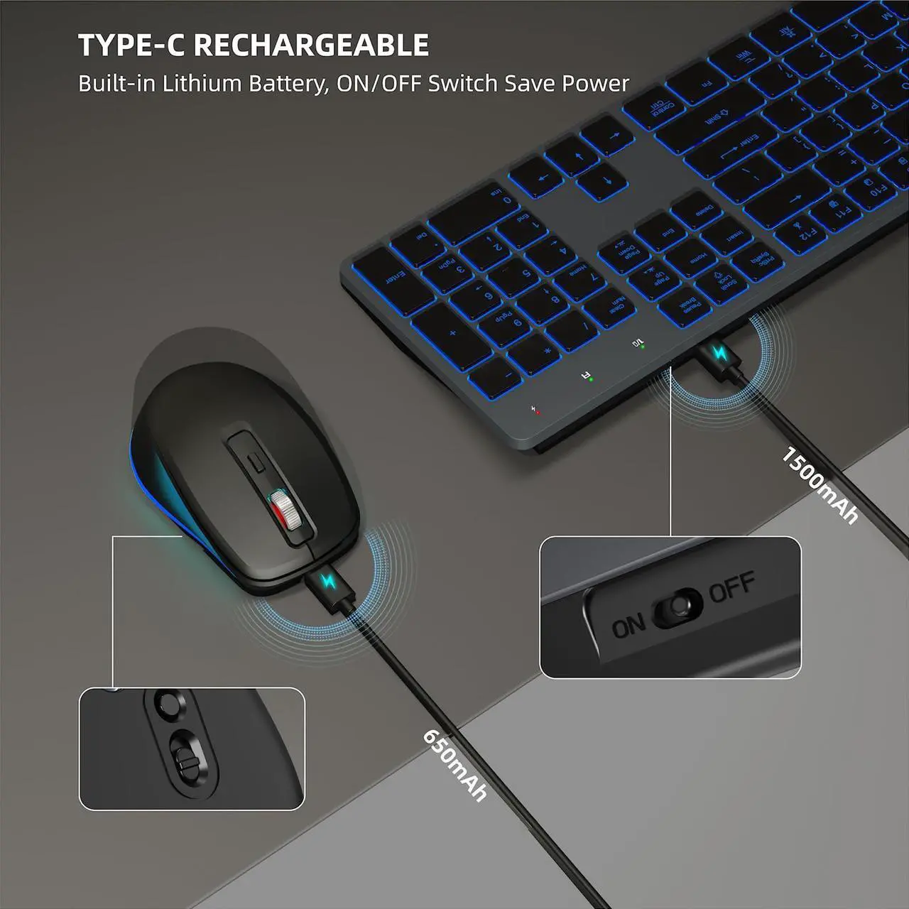 Alt view image 5 of 5 - Wireless Keyboard and Mouse RGB Backlit Combo, Slim & Quiet, Rechargeable, Light Up, Jiggler, Tilt Angle, 2.4GHz Silent Keyboard Mouse for Mac Windows PC Computer, Laptop, Desktop (Space Gray)