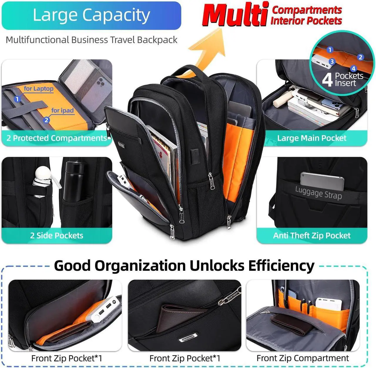 Alt view image 3 of 5 - SKvoen Travel Laptop Backpack for Men Women Black College Mens School Bookbag Men's Work Computer Backpack Business Traveling Back Pack with Charger 17 Inch Laptop Compartment Luggage strap
