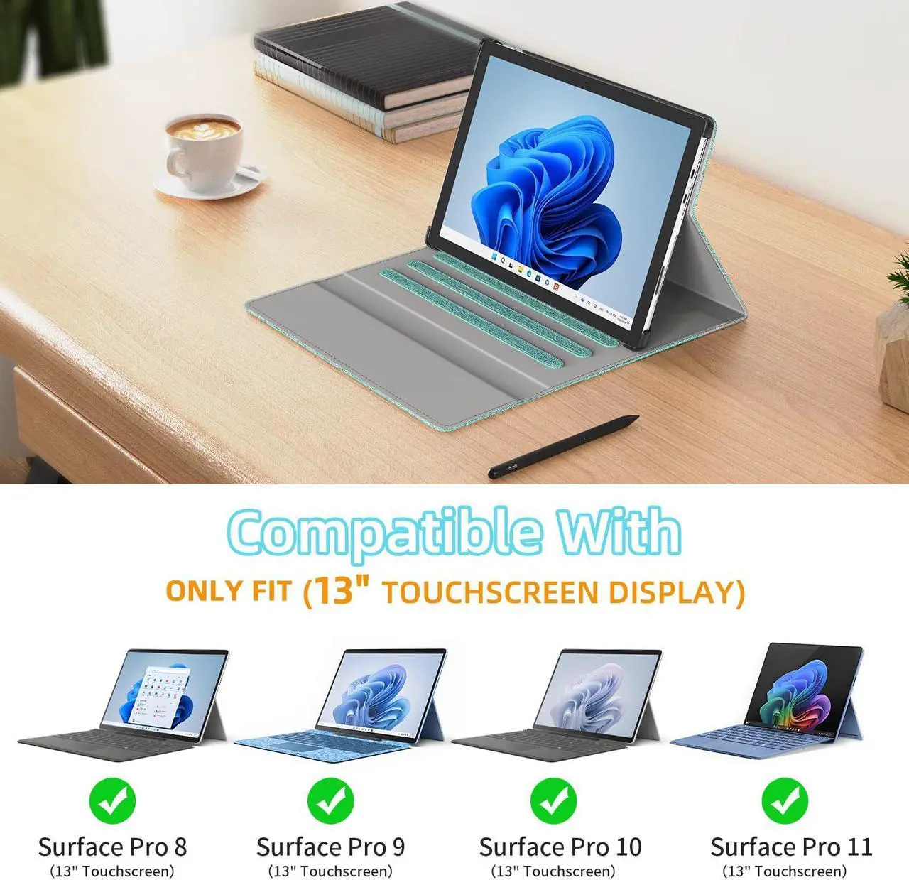Alt view image 2 of 5 - SSS·GRGB Case fit 13 Inch Microsoft Surface Pro 11/10/9/8, Multiple Angle Viewing Portfolio Business Cover with Stylus Holder & Pocket, Compatible with Type Cover Keyboard & Dock, Cyan