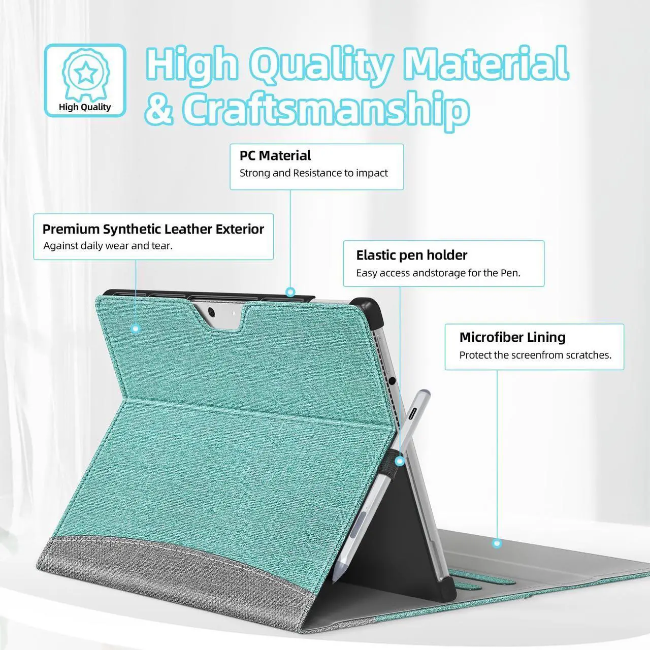 Alt view image 3 of 5 - SSS·GRGB Case fit 13 Inch Microsoft Surface Pro 11/10/9/8, Multiple Angle Viewing Portfolio Business Cover with Stylus Holder & Pocket, Compatible with Type Cover Keyboard & Dock, Cyan