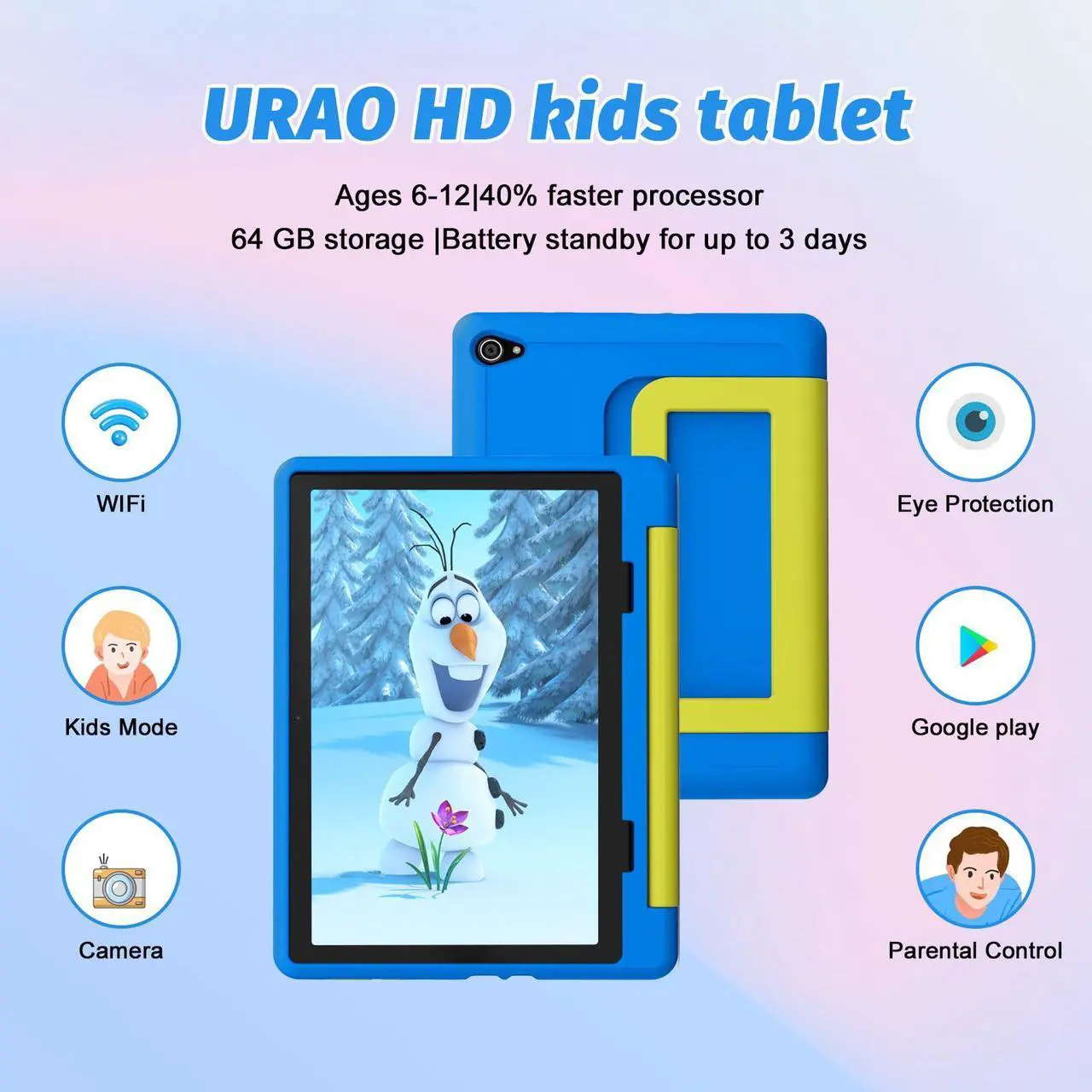 Alt view image 2 of 5 - URAO Kids Tablet, Android 14 Tablet for Kids 10 inch, Toddler Tablet Octa-Core 64GB 1TB TF Card Expandable,Children's Tablet with Case, WiFi Tablet Parental Control, Dual Camera, Great Gift for Kids