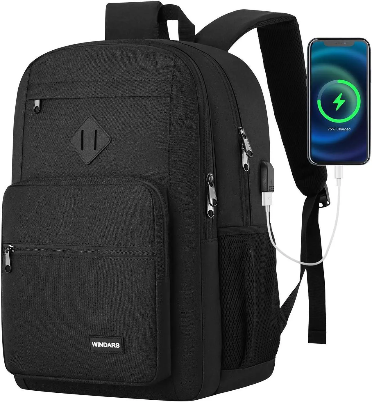Main image of WINDARS Black Backpack for Men Women, Durable Casual School Backpacks Teens Boys and Girls Classic 17.3 Inch Laptop Bookbag with USB Charger for College High School Work Travel