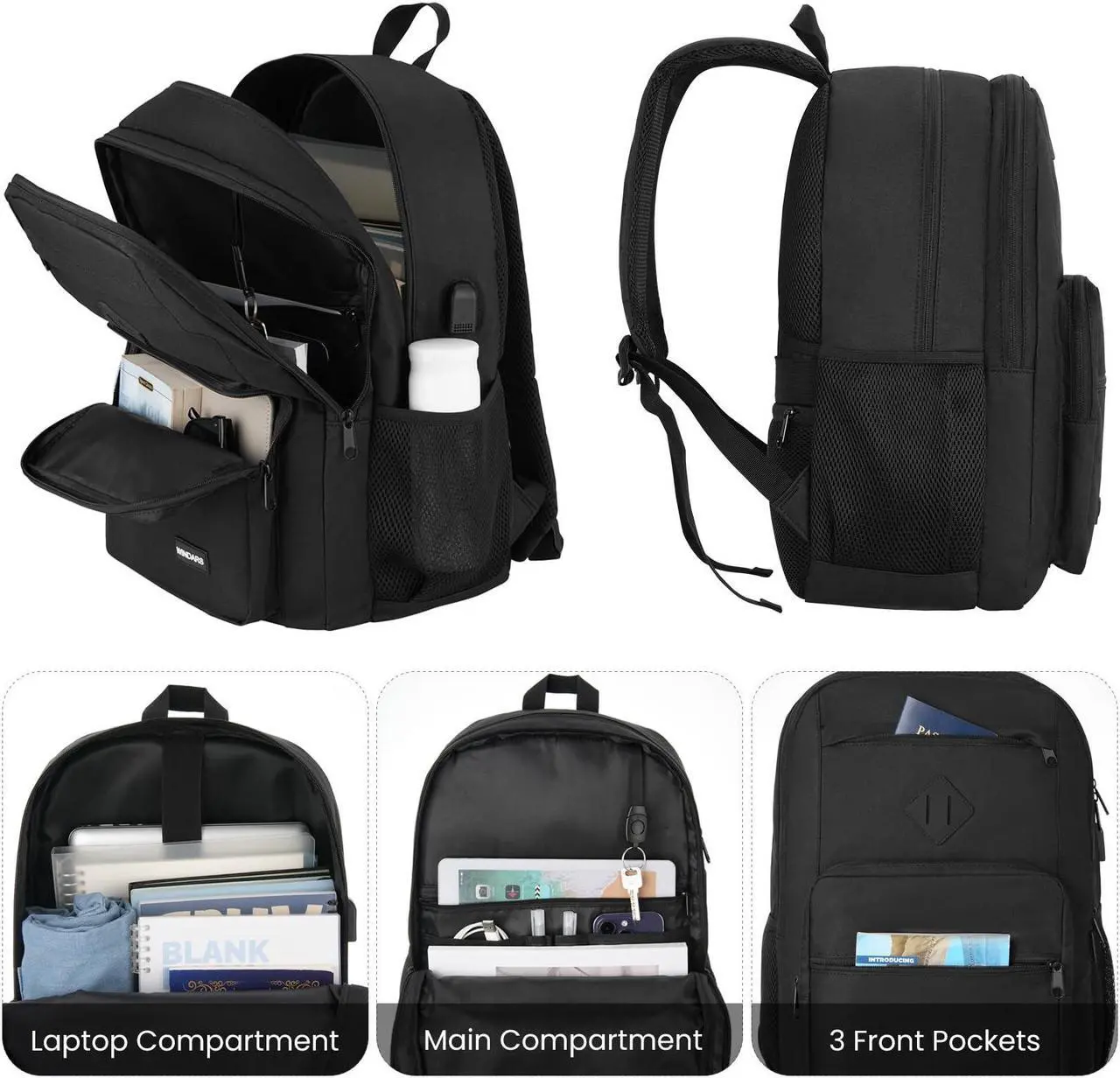 Alt view image 2 of 5 - WINDARS Black Backpack for Men Women, Durable Casual School Backpacks Teens Boys and Girls Classic 17.3 Inch Laptop Bookbag with USB Charger for College High School Work Travel