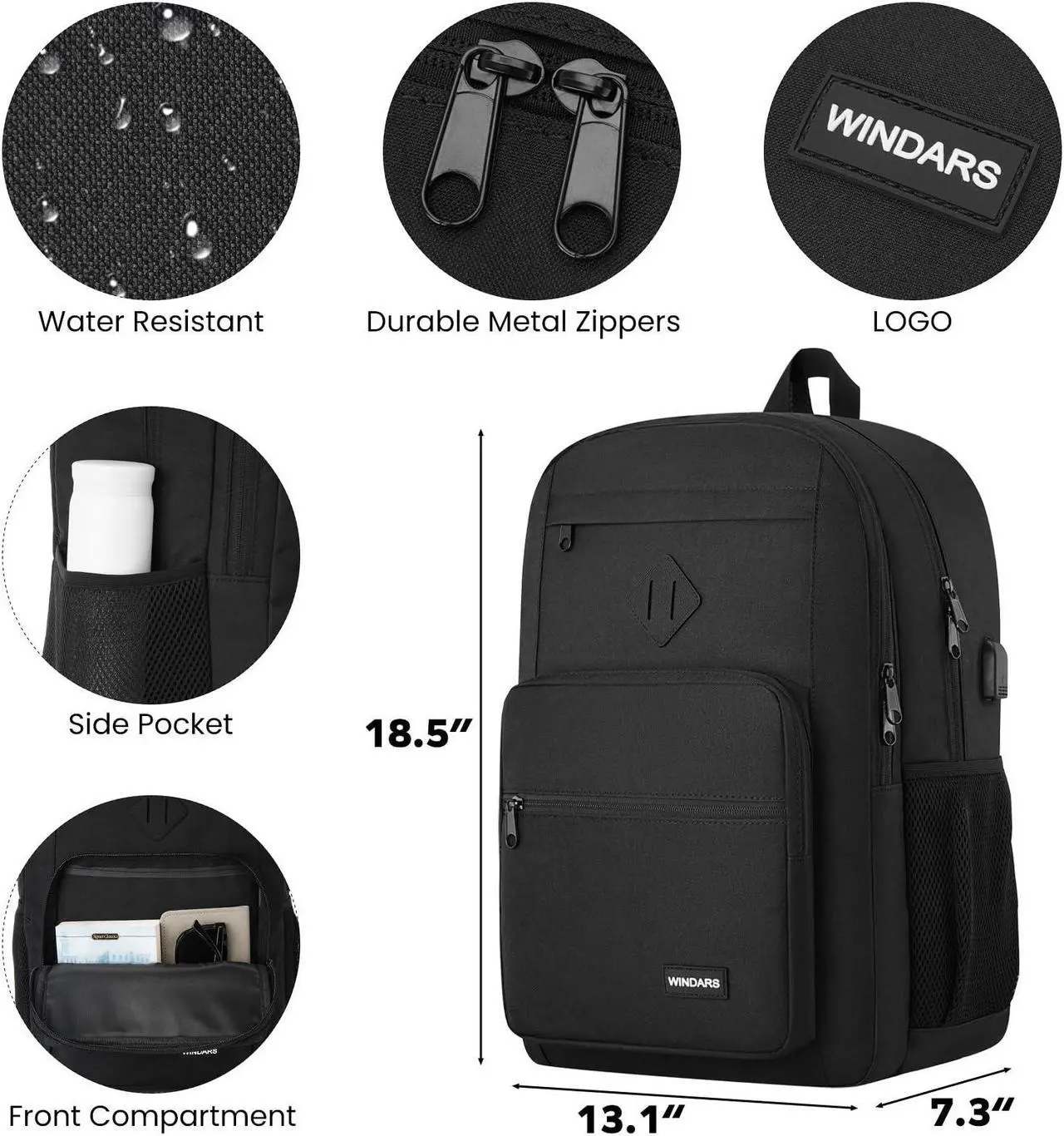 Alt view image 3 of 5 - WINDARS Black Backpack for Men Women, Durable Casual School Backpacks Teens Boys and Girls Classic 17.3 Inch Laptop Bookbag with USB Charger for College High School Work Travel