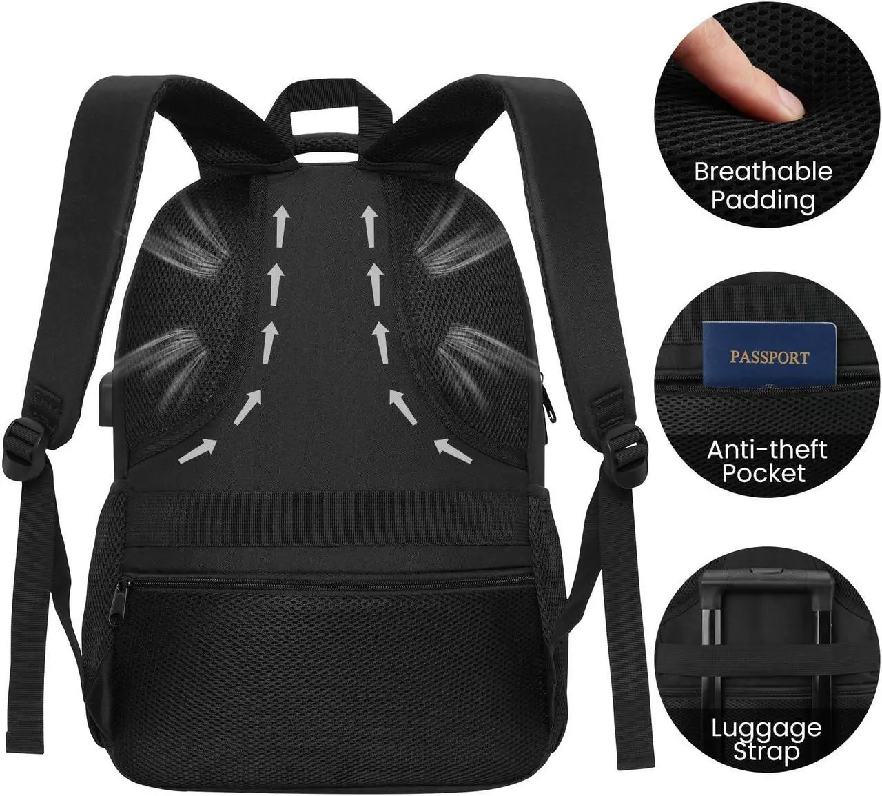 Alt view image 4 of 5 - WINDARS Black Backpack for Men Women, Durable Casual School Backpacks Teens Boys and Girls Classic 17.3 Inch Laptop Bookbag with USB Charger for College High School Work Travel