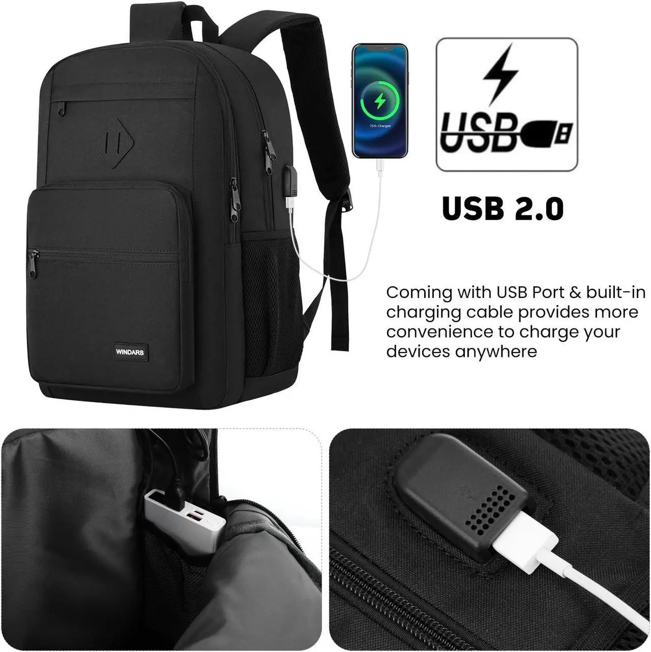 Alt view image 5 of 5 - WINDARS Black Backpack for Men Women, Durable Casual School Backpacks Teens Boys and Girls Classic 17.3 Inch Laptop Bookbag with USB Charger for College High School Work Travel
