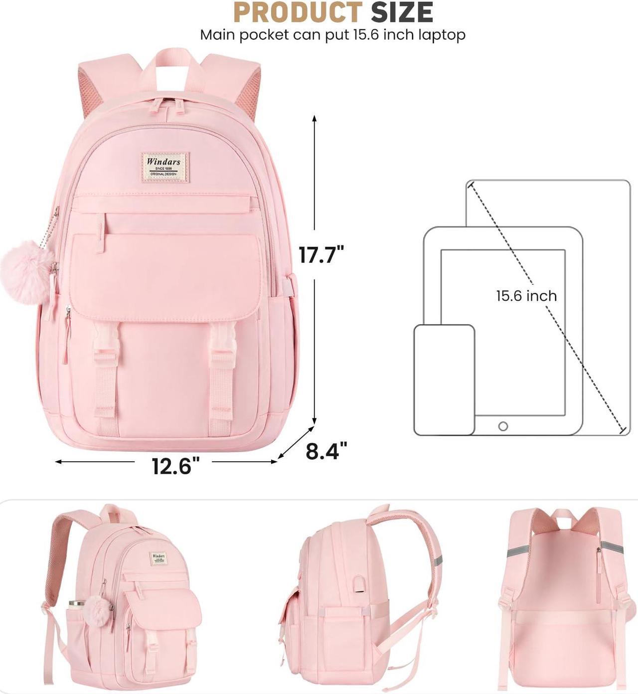 Alt view image 3 of 5 - WINDARS School Backpack for Teen Girls, Cute College Backpacks for Women Students Aesthetic Bookbag Large 15.6 Inch Laptop Bag Middle School Travel Back Pack (Pink)