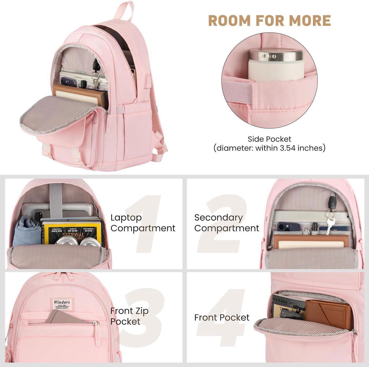 Alt view image 2 of 5 - WINDARS School Backpack for Teen Girls, Cute College Backpacks for Women Students Aesthetic Bookbag Large 15.6 Inch Laptop Bag Middle School Travel Back Pack (Pink)