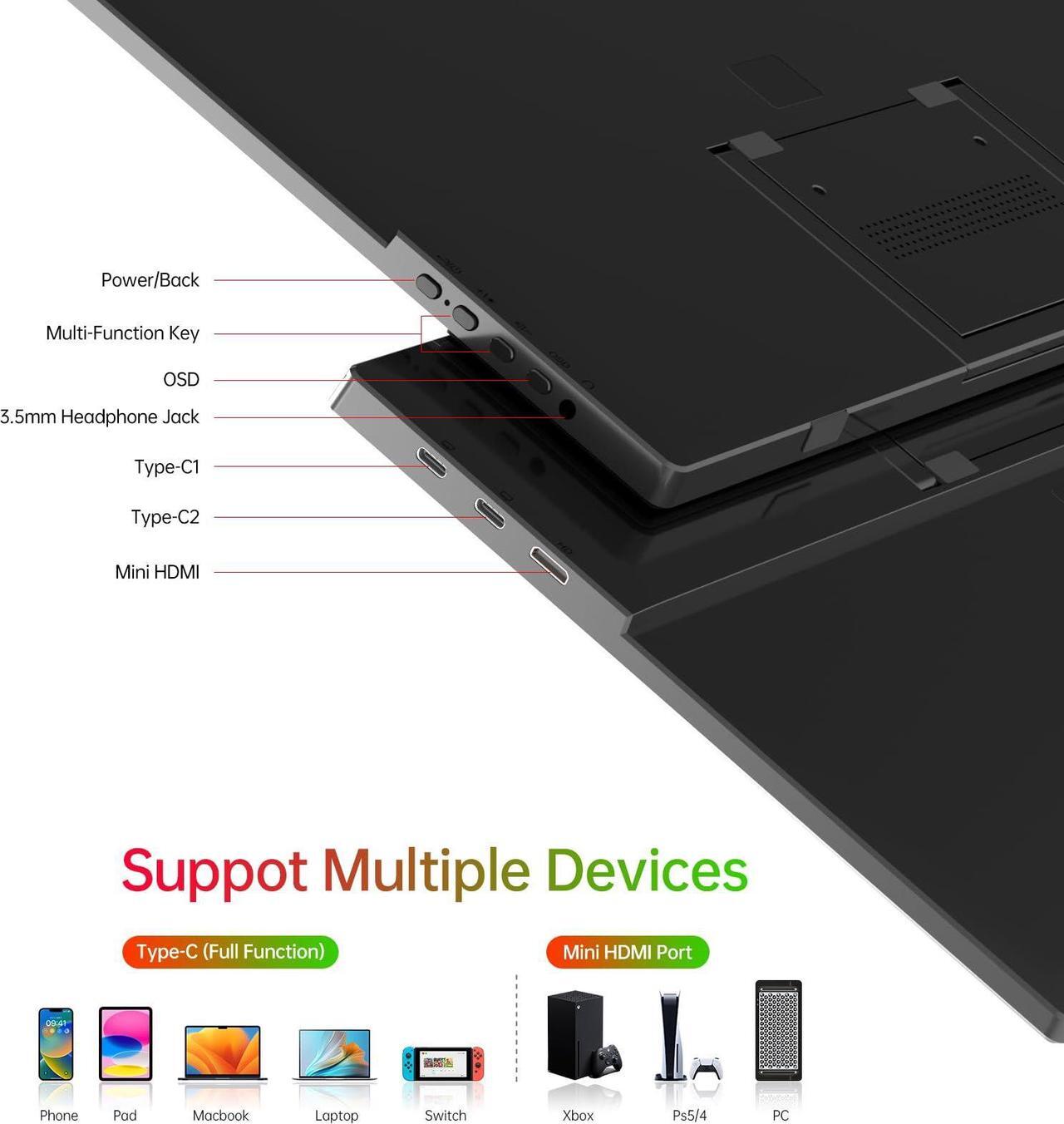Alt view image 3 of 5 - Yxk Portable Monitor 15.6 Inch 1080P USB-C HDMI Ultra-Slim Travel Monitor with Kickstand, for Laptop, PC, Mac Phone, PS, Xbox, Swich IPS Ultra-Thin Zero Frame Gaming Monitor