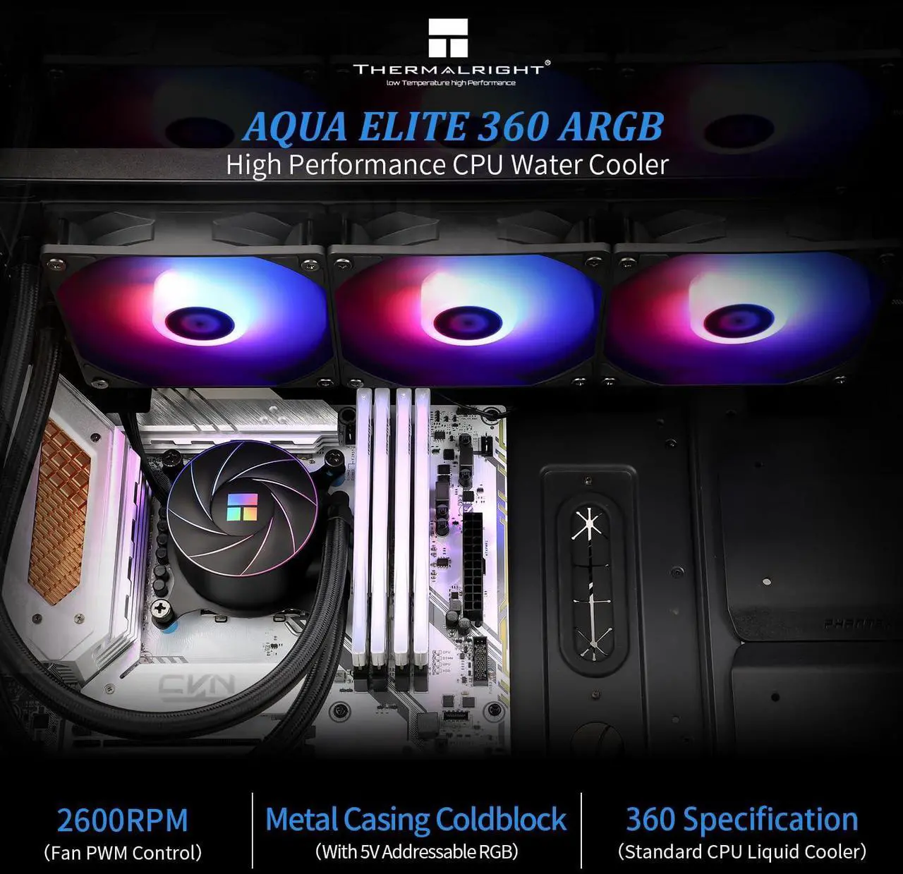 Alt view image 2 of 5 - Thermalright Aqua Elite 360 ARGB CPU Aio Cooler, 360 CPU Liquid Cooling, Pump Head Speed up to 6400RPM,for AM4/AM5, Intel LGA1851/1150/1151/1200/2011/1700,High Performance Radiator