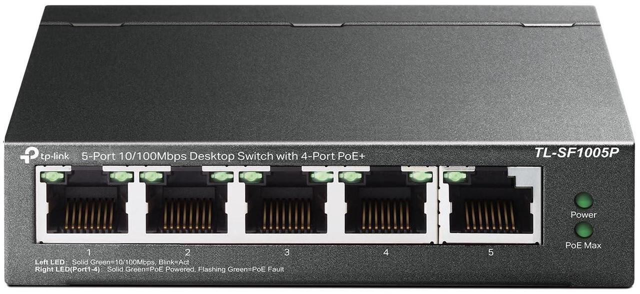 Main image of TP-Link TL-SF1005P | 5 Port Fast Ethernet PoE Switch | 4 PoE+ Ports @67W | Desktop | Plug & Play | Sturdy Metal w/ Shielded Ports | Fanless | Extend & Priority Mode