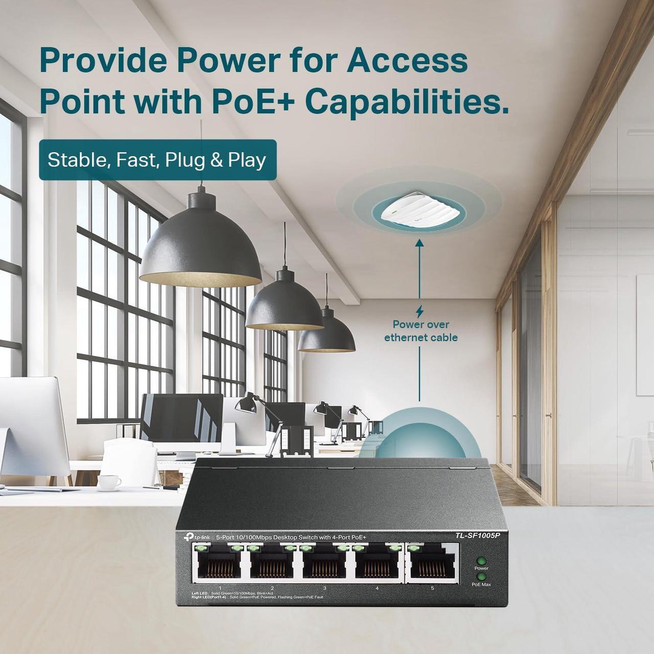 Alt view image 3 of 5 - TP-Link TL-SF1005P | 5 Port Fast Ethernet PoE Switch | 4 PoE+ Ports @67W | Desktop | Plug & Play | Sturdy Metal w/ Shielded Ports | Fanless | Extend & Priority Mode