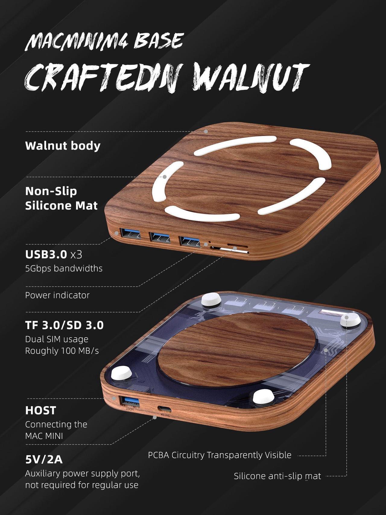 Alt view image 2 of 5 - FEIFANZHE 2024 Mac Mini Dock, Mac Mini M4 hub with 3X USB 3.0, SD/TF 3.0 Card Readers, 5Gbps Data Transfer M4/M4 Pro Docking Station Accessories, Walnut Wood Material-FM4-H