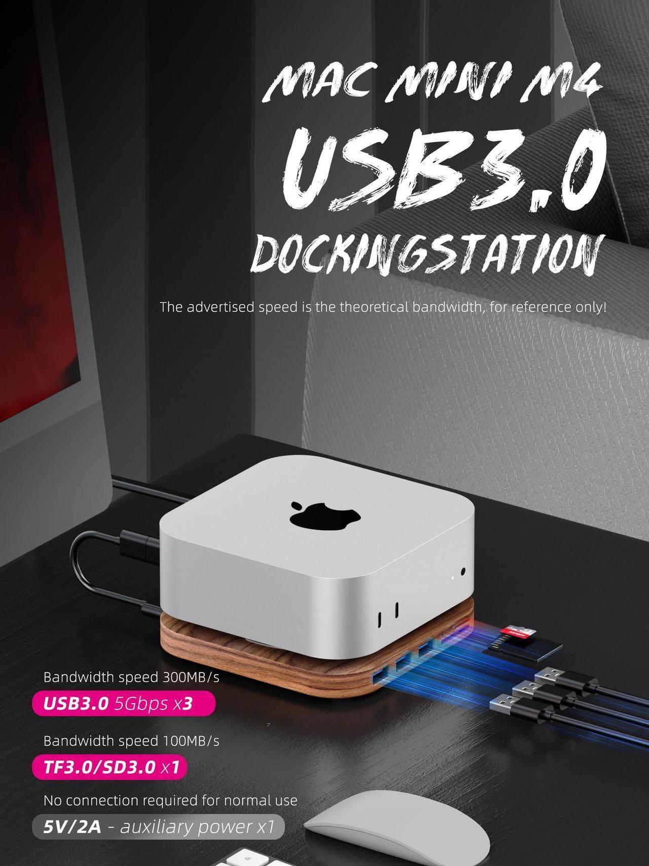 Alt view image 3 of 5 - FEIFANZHE 2024 Mac Mini Dock, Mac Mini M4 hub with 3X USB 3.0, SD/TF 3.0 Card Readers, 5Gbps Data Transfer M4/M4 Pro Docking Station Accessories, Walnut Wood Material-FM4-H