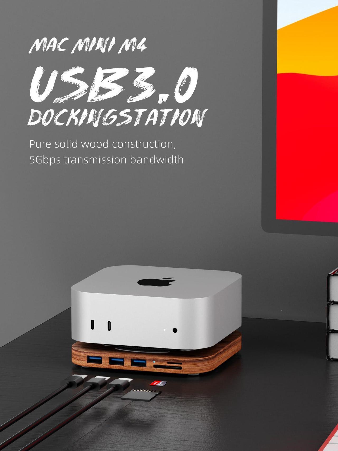 Alt view image 5 of 5 - FEIFANZHE 2024 Mac Mini Dock, Mac Mini M4 hub with 3X USB 3.0, SD/TF 3.0 Card Readers, 5Gbps Data Transfer M4/M4 Pro Docking Station Accessories, Walnut Wood Material-FM4-H