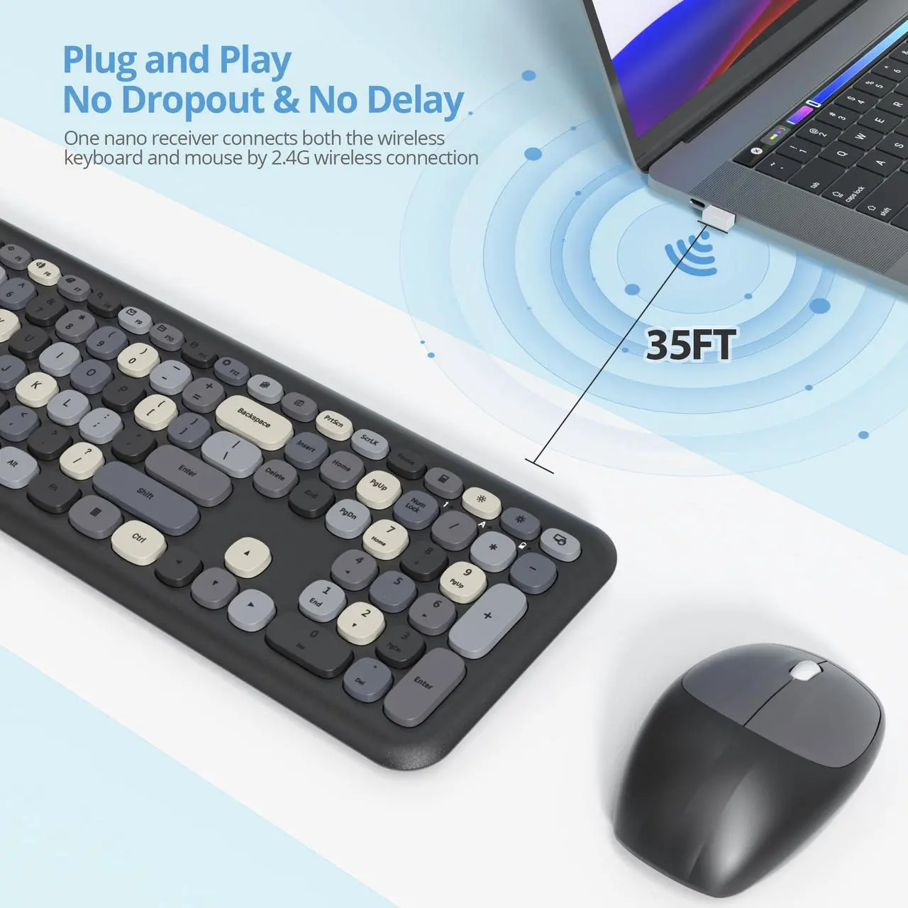 Alt view image 2 of 5 - iTastatur Typewriter Wireless Keyboard and Mouse Combo,2.4G Office 104 Keys Full-Sized Retro Punk Keyboard,Cute Black with Round Keycaps for Laptop PC Desktops (Black Mix)