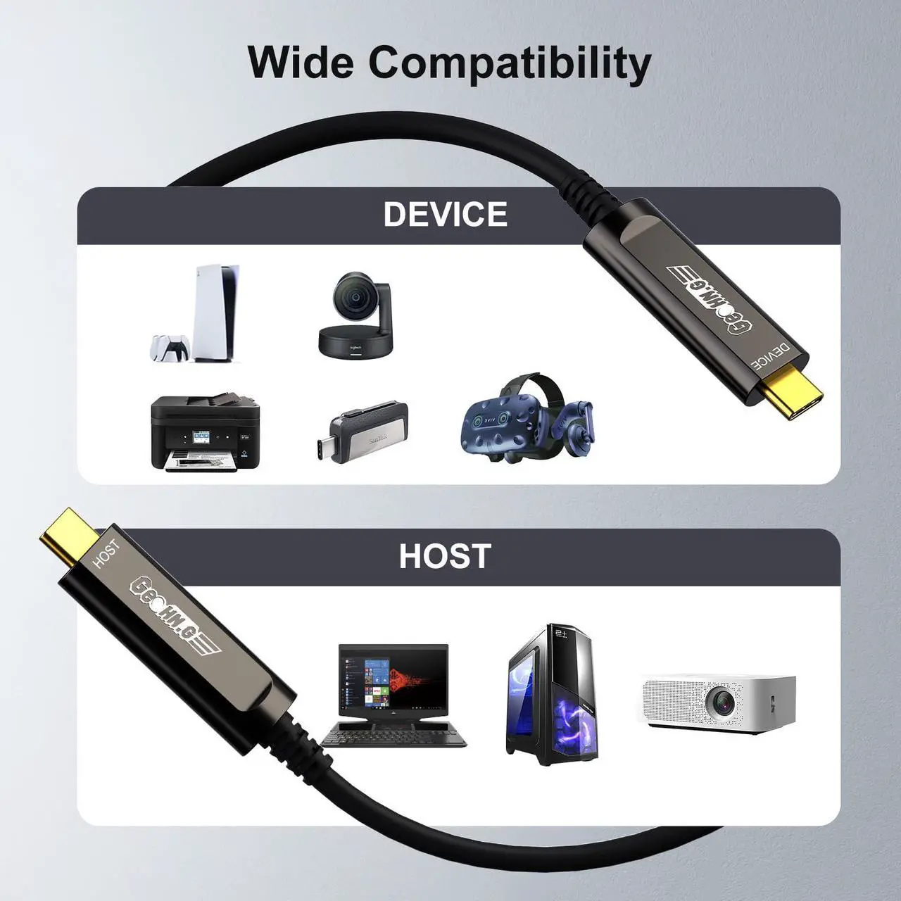 Alt view image 5 of 5 - GeoHN.G USB C to C Fiber Optic Cable 10M/33FT, USB 3.2 10Gbps Long Distance Data Transfer USB C Extension Cable for VR, Camera, Mini PC, Laptop, Webcam, Printer and More