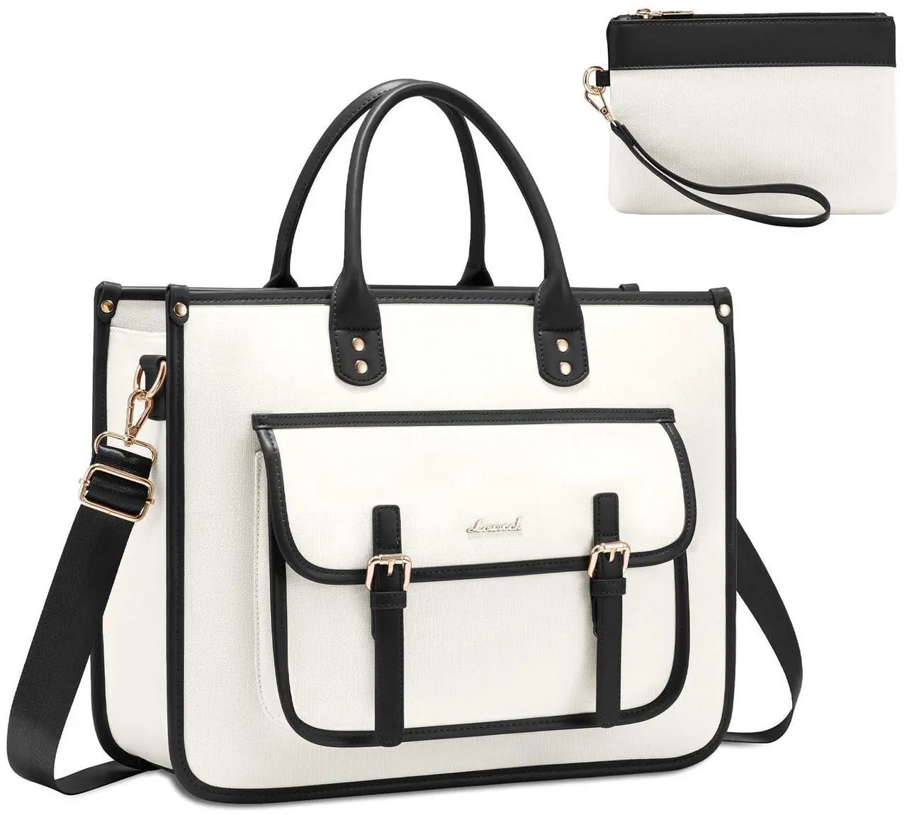 Main image of LOVEVOOK Laptop Bag for Women 15.6 inch Lightweight Canvas Laptop Tote Bag, Large Capacity Shoulder Messenger Bag for Business, Work, Office, Travel, School(Beige & Black,15.6 Inch)