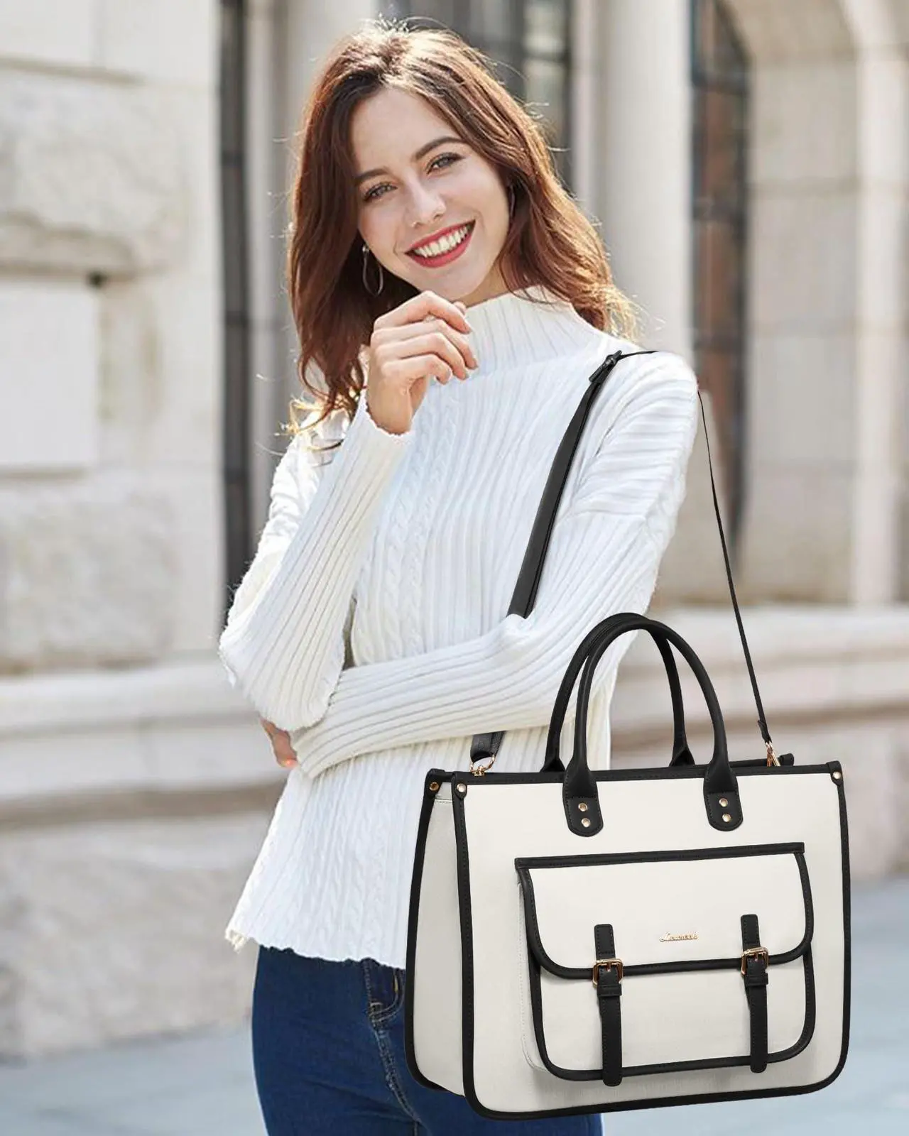 Alt view image 2 of 5 - LOVEVOOK Laptop Bag for Women 15.6 inch Lightweight Canvas Laptop Tote Bag, Large Capacity Shoulder Messenger Bag for Business, Work, Office, Travel, School(Beige & Black,15.6 Inch)