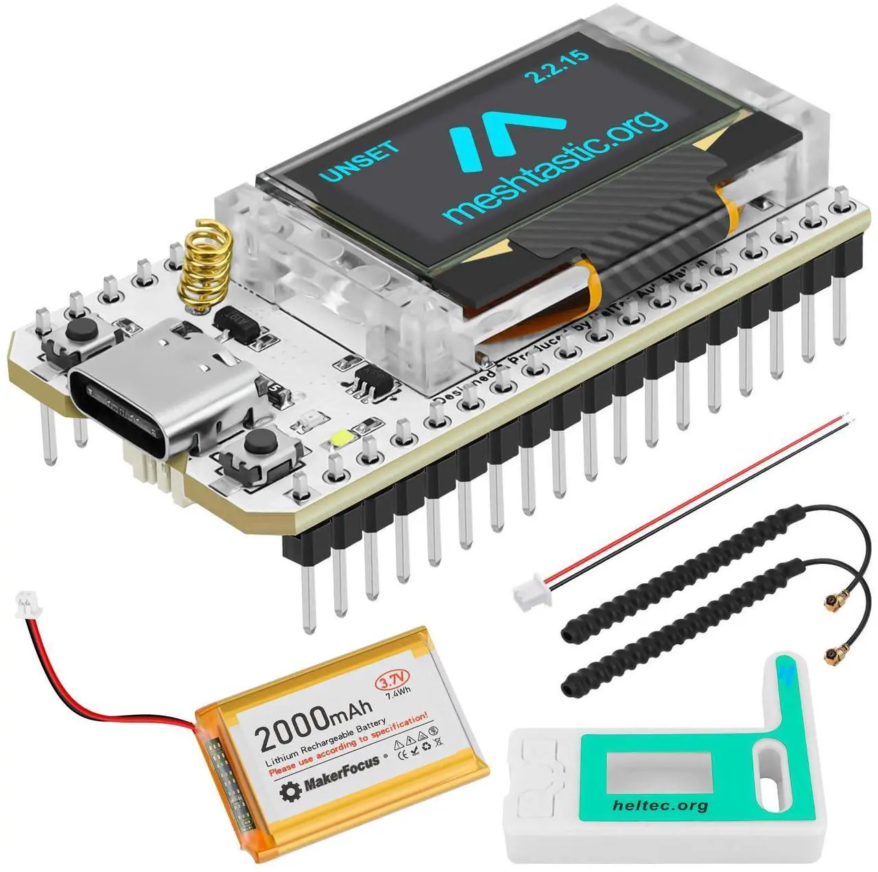 Main image of MakerFocus ESP32 LoRa V3 Development Board with 2000mAh Battery, Protective Case, 915MHz Antenna Integrated WiFi Bluetooth SX1262 CP2102 0.96-inch OLED Display Type C for Meshtastic IoT Arduino