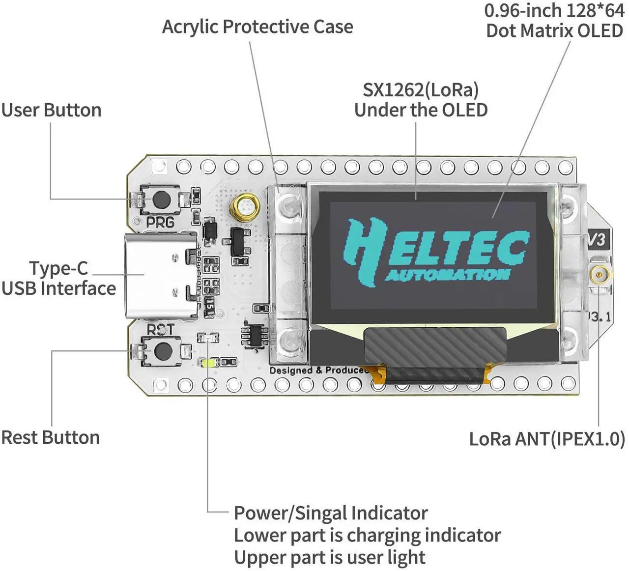 Alt view image 3 of 5 - MakerFocus ESP32 LoRa V3 Development Board with 2000mAh Battery, Protective Case, 915MHz Antenna Integrated WiFi Bluetooth SX1262 CP2102 0.96-inch OLED Display Type C for Meshtastic IoT Arduino