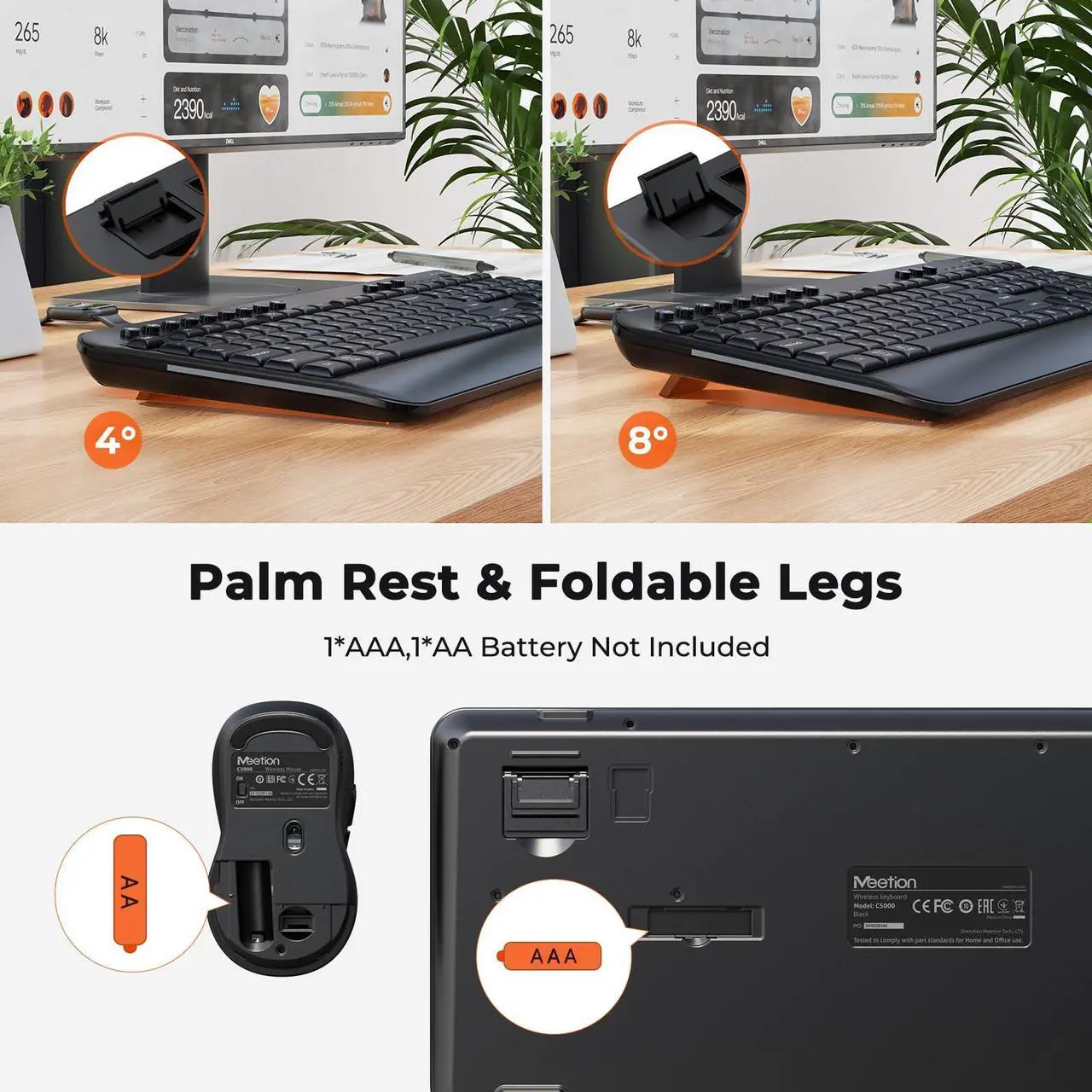 Alt view image 4 of 5 - Wireless Keyboard and Mouse Combo, Computer Keyboard with Wrist Rest, Multimedia Hotkeys 2.4G Wireless, Full Size, Ergonomic, USB-C Adapter, 3200 DPI Mouse, for Windows/Mac/Laptop/PC, Black