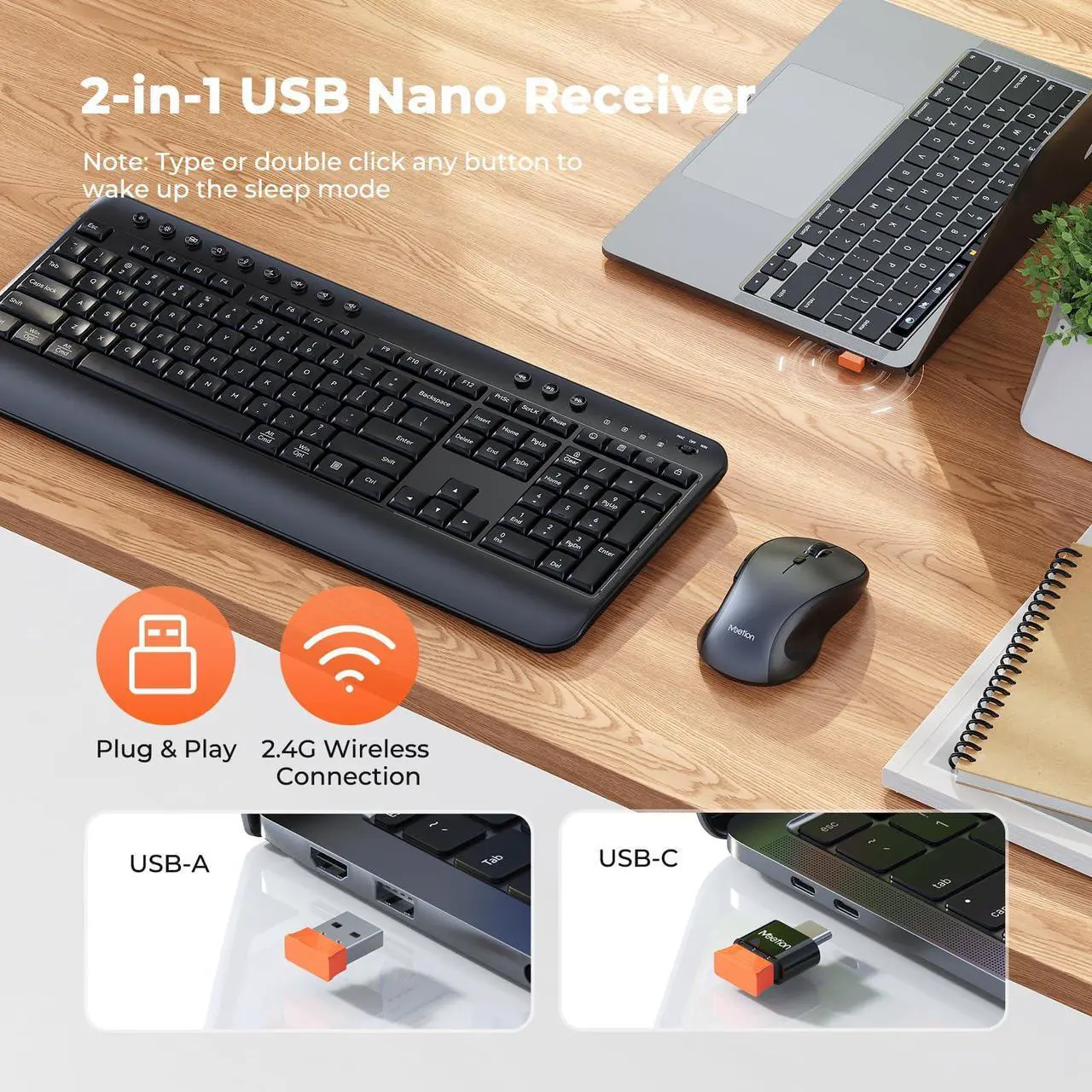 Alt view image 3 of 5 - Wireless Keyboard and Mouse Combo, Computer Keyboard with Wrist Rest, Multimedia Hotkeys 2.4G Wireless, Full Size, Ergonomic, USB-C Adapter, 3200 DPI Mouse, for Windows/Mac/Laptop/PC, Black