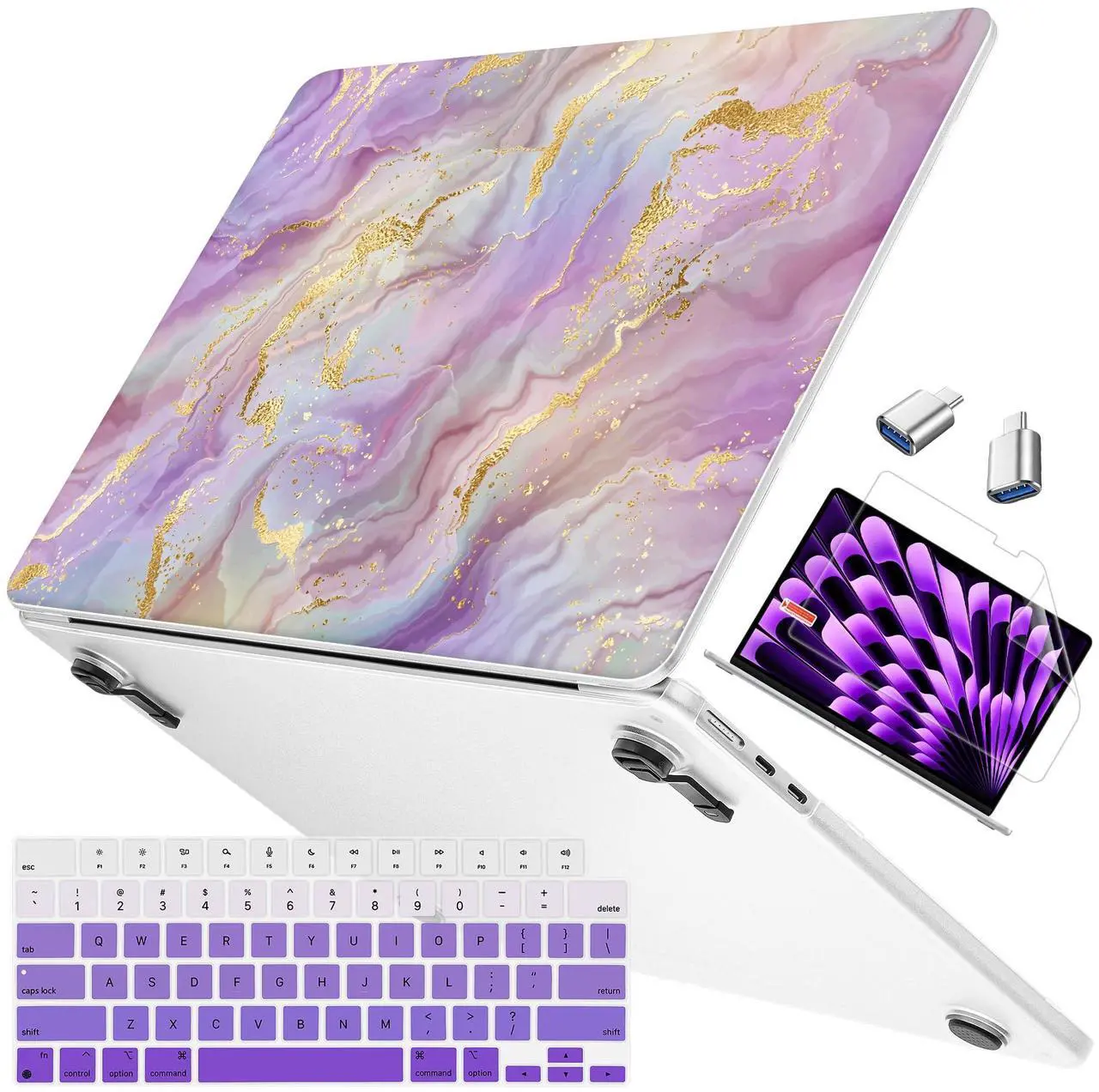 Main image of Mektron Ultra Thin Armor Case Compatible with MacBook Air 13.6 inch Printed Cover 2025-2022 M4 M3 M2 A3240 A3113 A2681, Protective Hard Shell with Fold Kickstand, Purple Marble