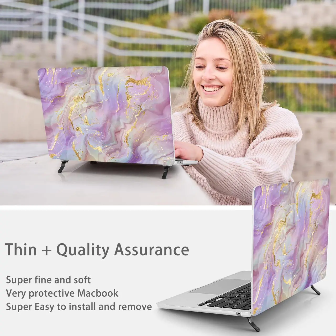 Alt view image 5 of 5 - Mektron Ultra Thin Armor Case Compatible with MacBook Air 13.6 inch Printed Cover 2025-2022 M4 M3 M2 A3240 A3113 A2681, Protective Hard Shell with Fold Kickstand, Purple Marble