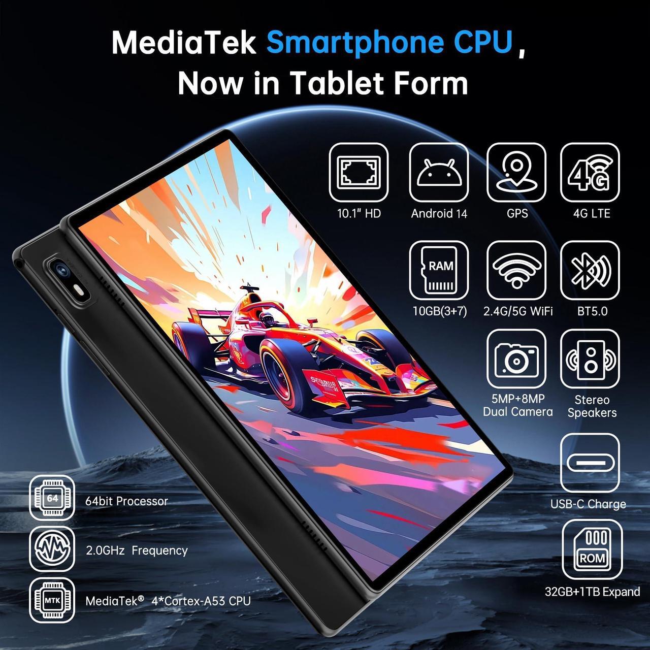 Alt view image 2 of 5 - Android 14 Tablet with Sim Card Slot Unlocked Cellular Tablets 10GB+32GB Tablet with Protective Case 10 inch Tablet with GPS 2.0GHz Processor 8MP Camera and 1TB TF Expandable 2.4G/5G WiFi BT5.0
