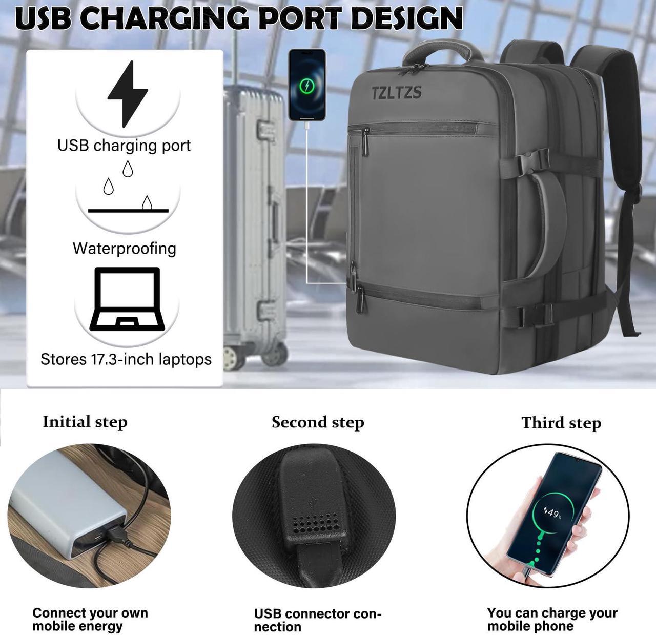 Alt view image 2 of 5 - TZLTZS Travel Backpack, Carry On Backpack Airline Approved,Extra Large Expandable Waterproof, 17.3inch Laptop Backpack USB Charging Port, Business College Rucksack Backpack Gifts for Men Women (Gray)