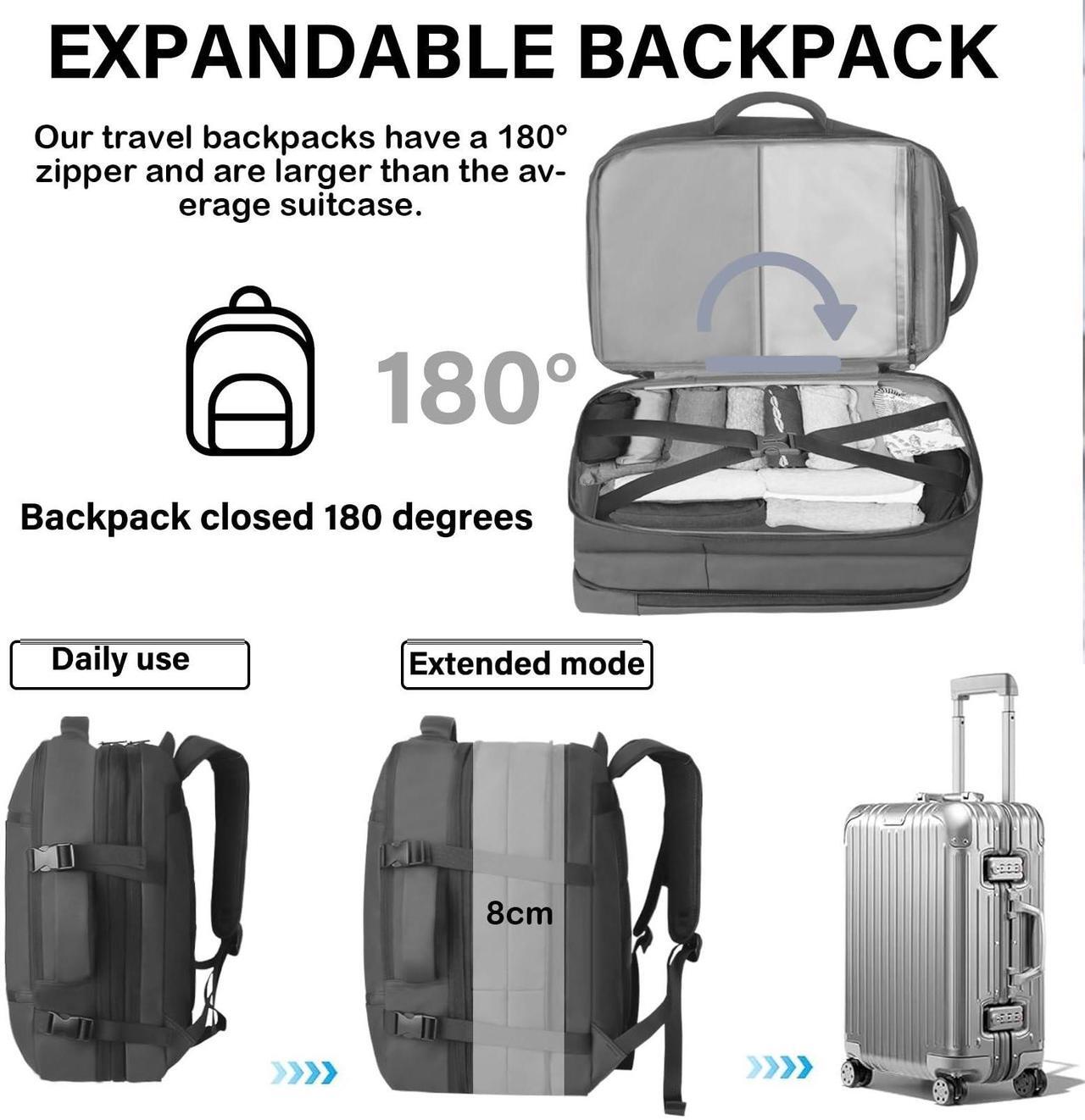 Alt view image 4 of 5 - TZLTZS Travel Backpack, Carry On Backpack Airline Approved,Extra Large Expandable Waterproof, 17.3inch Laptop Backpack USB Charging Port, Business College Rucksack Backpack Gifts for Men Women (Gray)