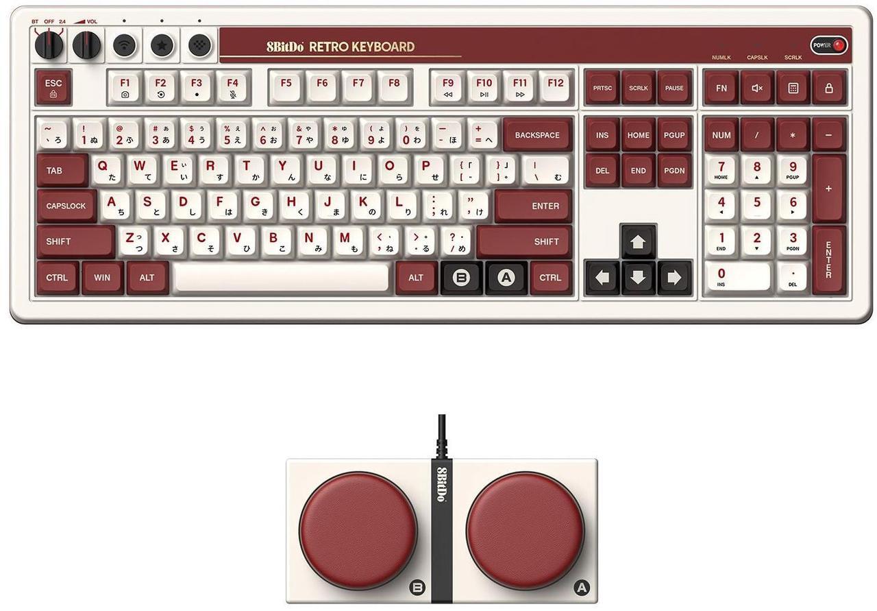 Main image of AKNES 8BitDo Retro 108 Mechanical Keyboard, Hot Swappable Gaming Keyboard with 108 Keys, Integrated Numpad, Dual Super Buttons, Bluetooth/2.4G/USB-C for Windows & Android - Fami Edition