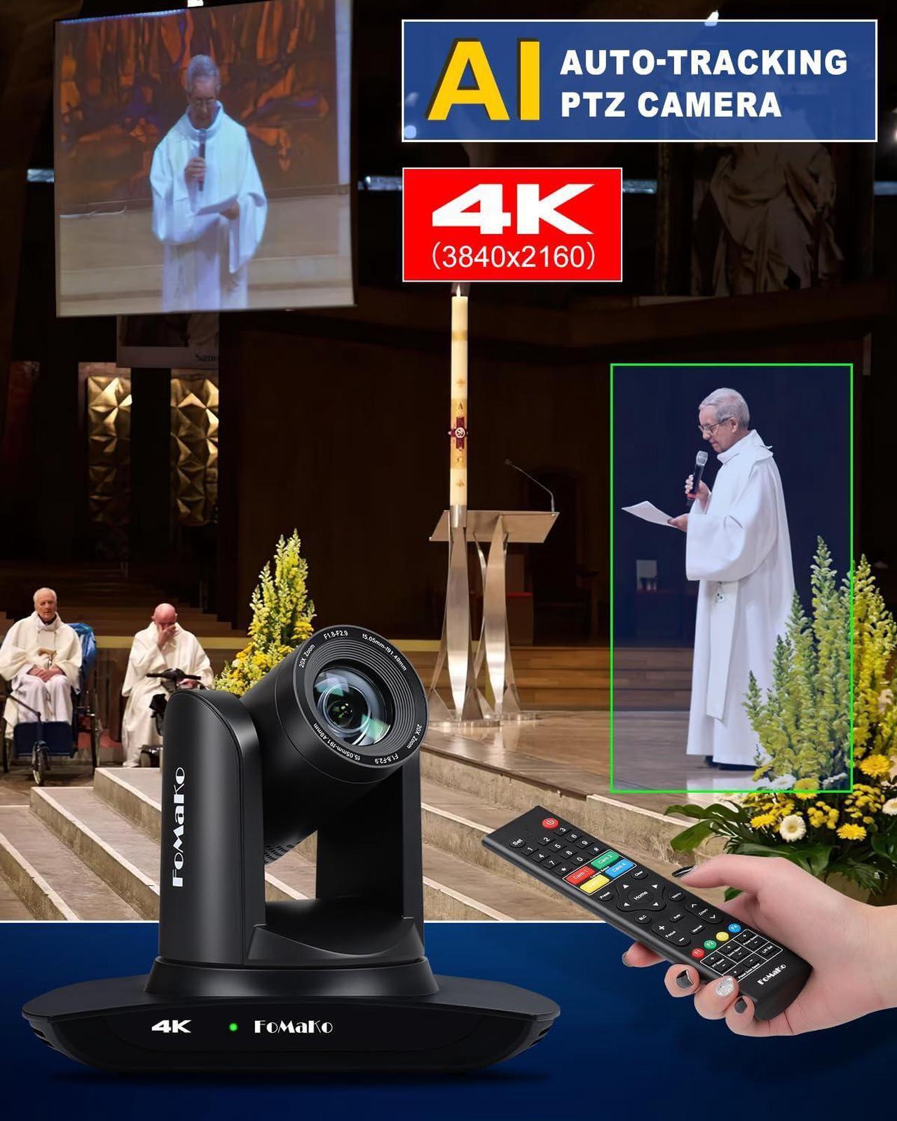 Alt view image 2 of 5 - FoMaKo 4K PTZ Camera HDMI, AI Auto-Tracking, 4K 20X Optical Zoom, USB3.0 LAN HDMI PTZ Camera 4K for Church Worship Education Conference Events, K20UH