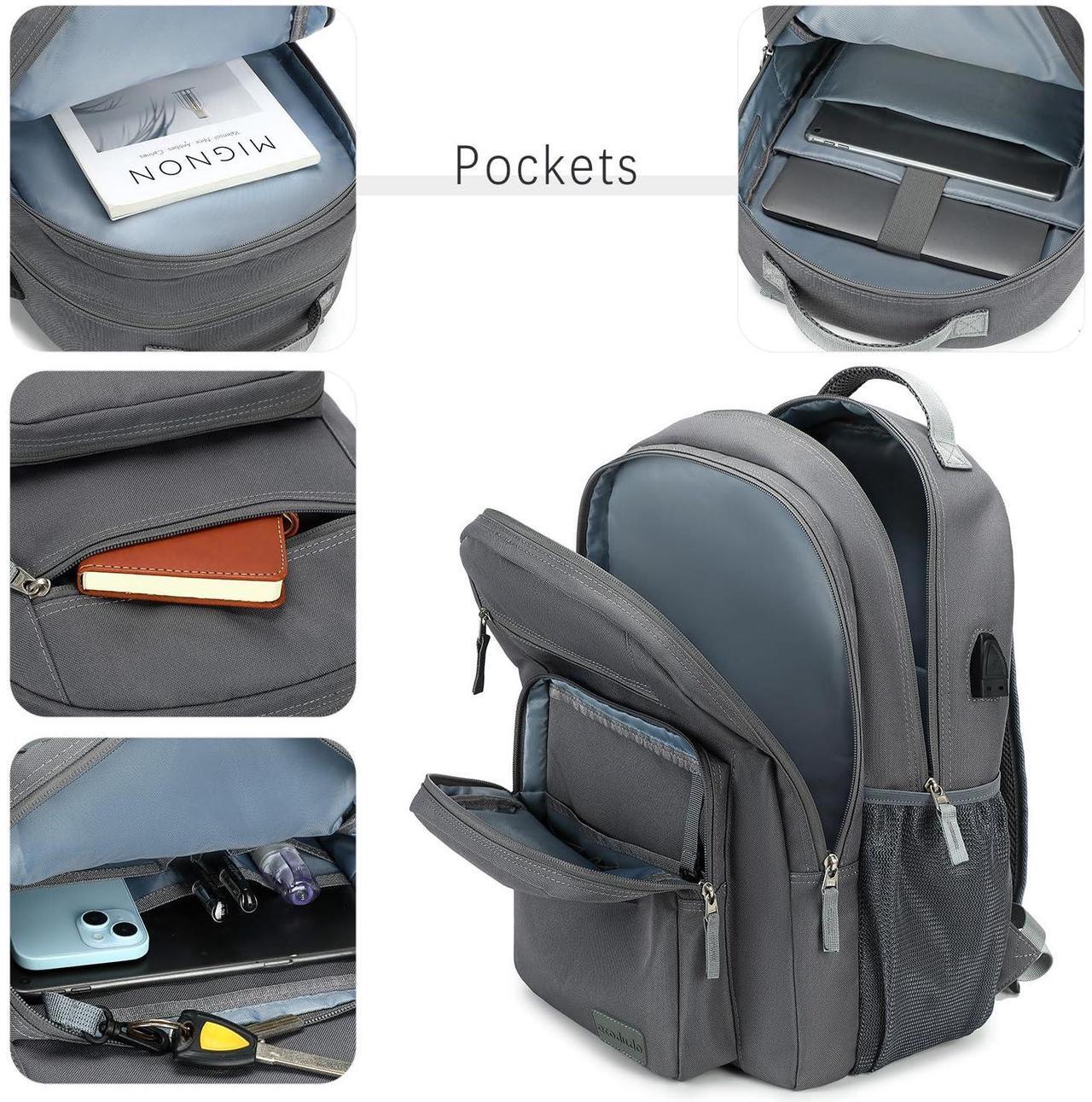 Alt view image 3 of 5 - ecodudo School Backpack for Men and Women,Water Resistant Daypack for College Work,15.6 inch Laptop Bookbag with USB Charging Port(Grey)
