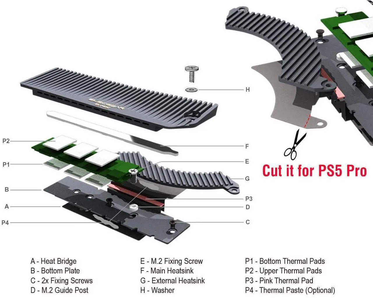 Alt view image 3 of 4 - ElecGear PS5 Pro and Slim SSD Heatsink Ultra, EL-P5SP Heat Pipe + 2X Aluminum Coolers + Heat Bridge for Internal M.2 NVMe 4.0 Gen4 SSD, Thermal Pads and SSD Mounting Post Kit