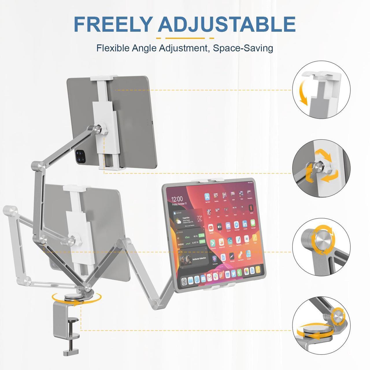 Alt view image 3 of 5 - Tablet Stand Holder, Tablet Desk Mount, Adjustable Foldable Tablet Arm Mount with 360degRotate Base, Phone Holder Tablet Stand for Desk and Bed, Compatible with iPad, Phones or Other 4-15.6" Device