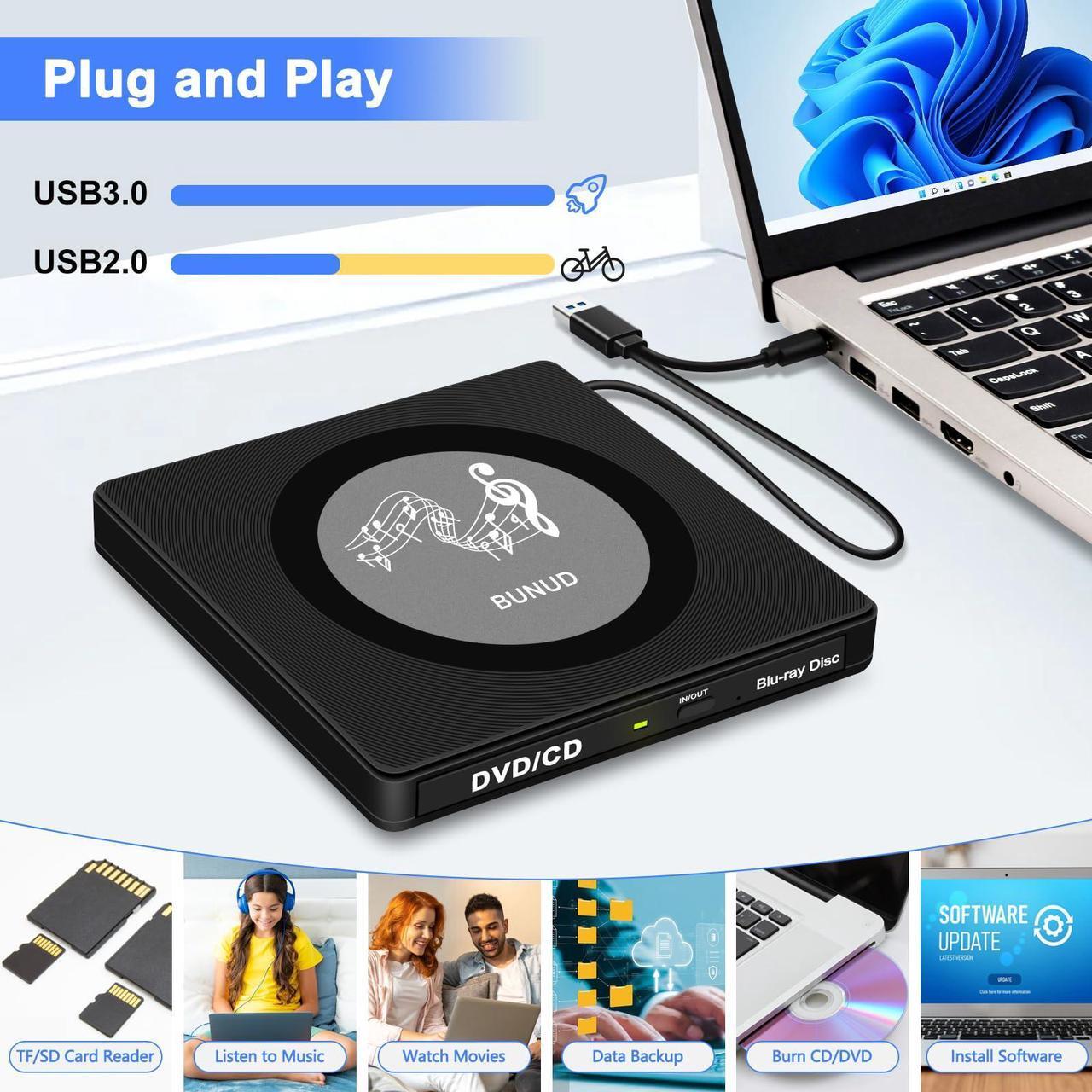 Alt view image 2 of 5 - External Blu Ray CD DVD Drive, USB Blu Ray Drive External Bluray Burner Read/Write BD Player with 2 USB and TF/SD Slots, Optical Blue Ray CD DVD Reader for Laptop Apple PC Windows 11 MacBook Pro Air
