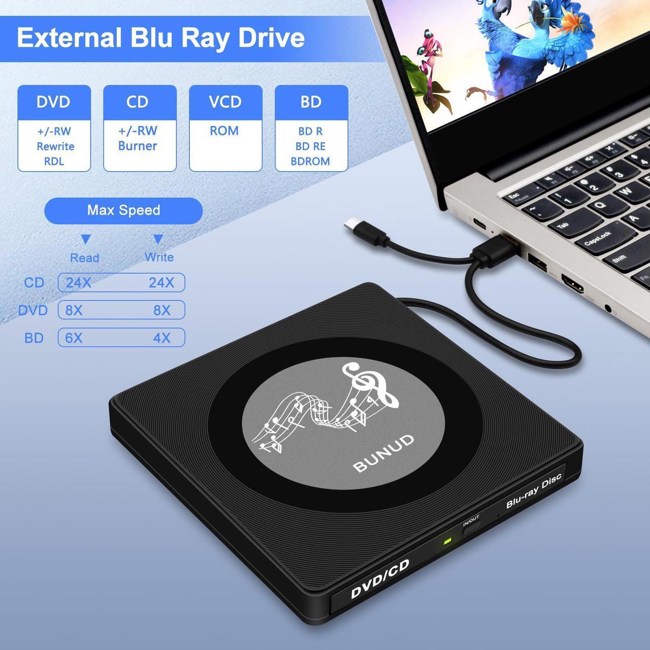 Alt view image 4 of 5 - External Blu Ray CD DVD Drive, USB Blu Ray Drive External Bluray Burner Read/Write BD Player with 2 USB and TF/SD Slots, Optical Blue Ray CD DVD Reader for Laptop Apple PC Windows 11 MacBook Pro Air