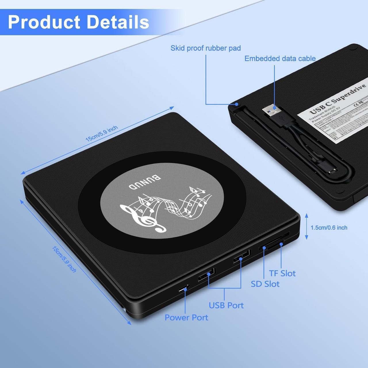 Alt view image 5 of 5 - External Blu Ray CD DVD Drive, USB Blu Ray Drive External Bluray Burner Read/Write BD Player with 2 USB and TF/SD Slots, Optical Blue Ray CD DVD Reader for Laptop Apple PC Windows 11 MacBook Pro Air