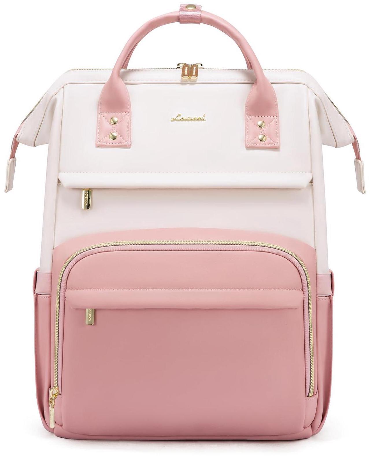 Main image of LOVEVOOK Leather Backpack for Women,18 inch Leather Laptop Backpack Women,Professional Work Backpack Nurse College Teacher Bag,Womens Laptop Tote Bag Computer Travel Backpack Purse,Beige White-Pink