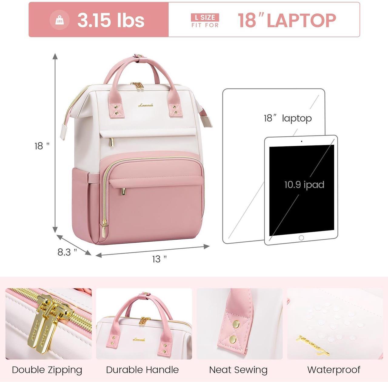 Alt view image 4 of 5 - LOVEVOOK Leather Backpack for Women,18 inch Leather Laptop Backpack Women,Professional Work Backpack Nurse College Teacher Bag,Womens Laptop Tote Bag Computer Travel Backpack Purse,Beige White-Pink