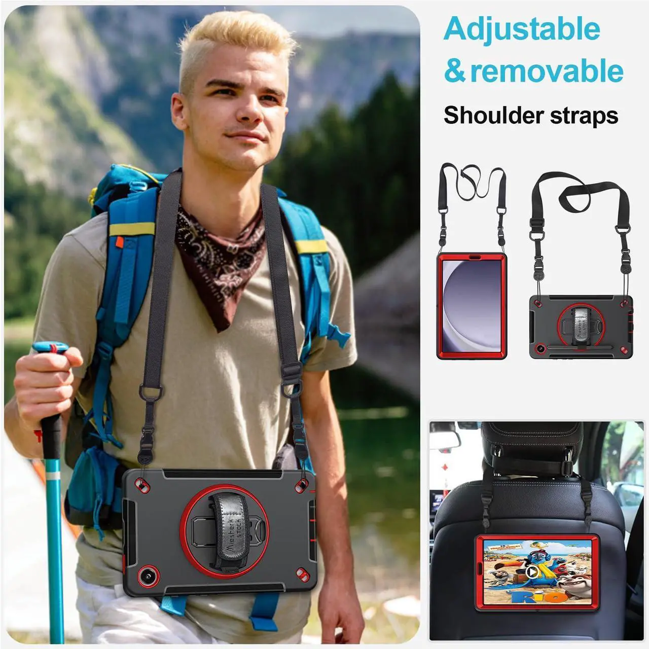 Alt view image 4 of 5 - Case for Galaxy Tab A9 Plus 5G 2023: Heavy Duty TPU Cover for Samsung Tablet A9+ 11 Inch with Stand - Handle - Shoulder Strap -S-Pen Holder- Red Black