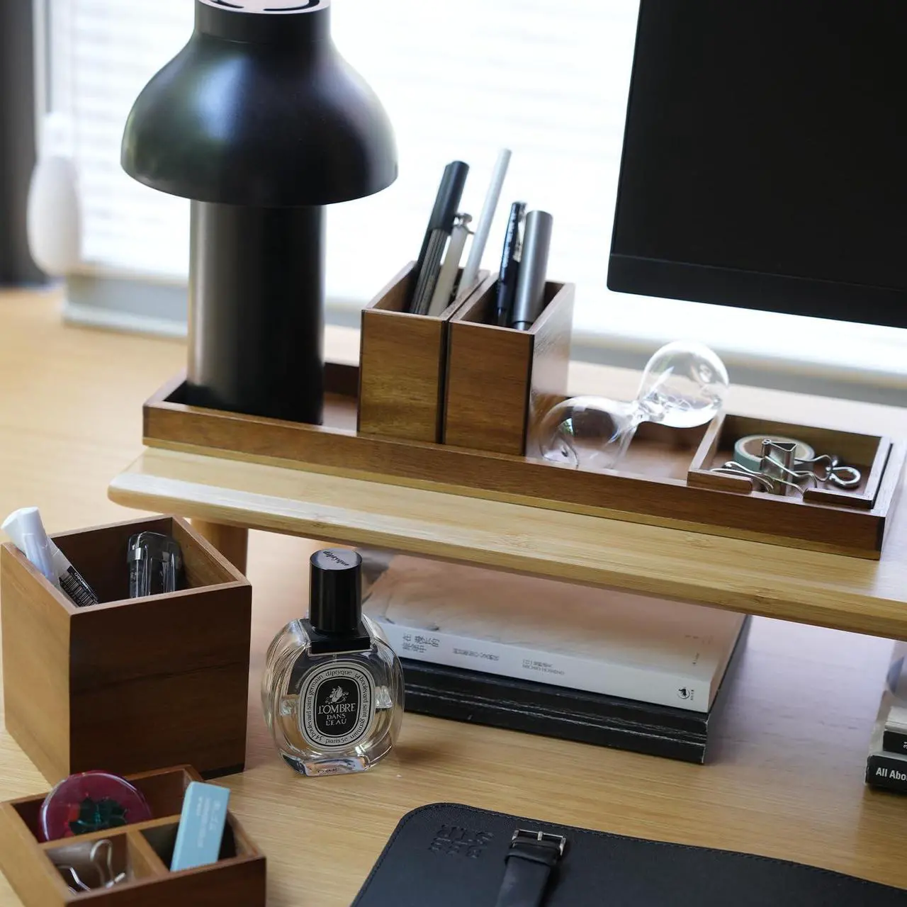 Alt view image 4 of 5 - ROCDEER Dual Monitor Stand Riser, Black Desk Monitor Riser for 2 Monitors+ Wood Vanity Tray, 6-Piece Countertop Organizer Vanity Tray Set